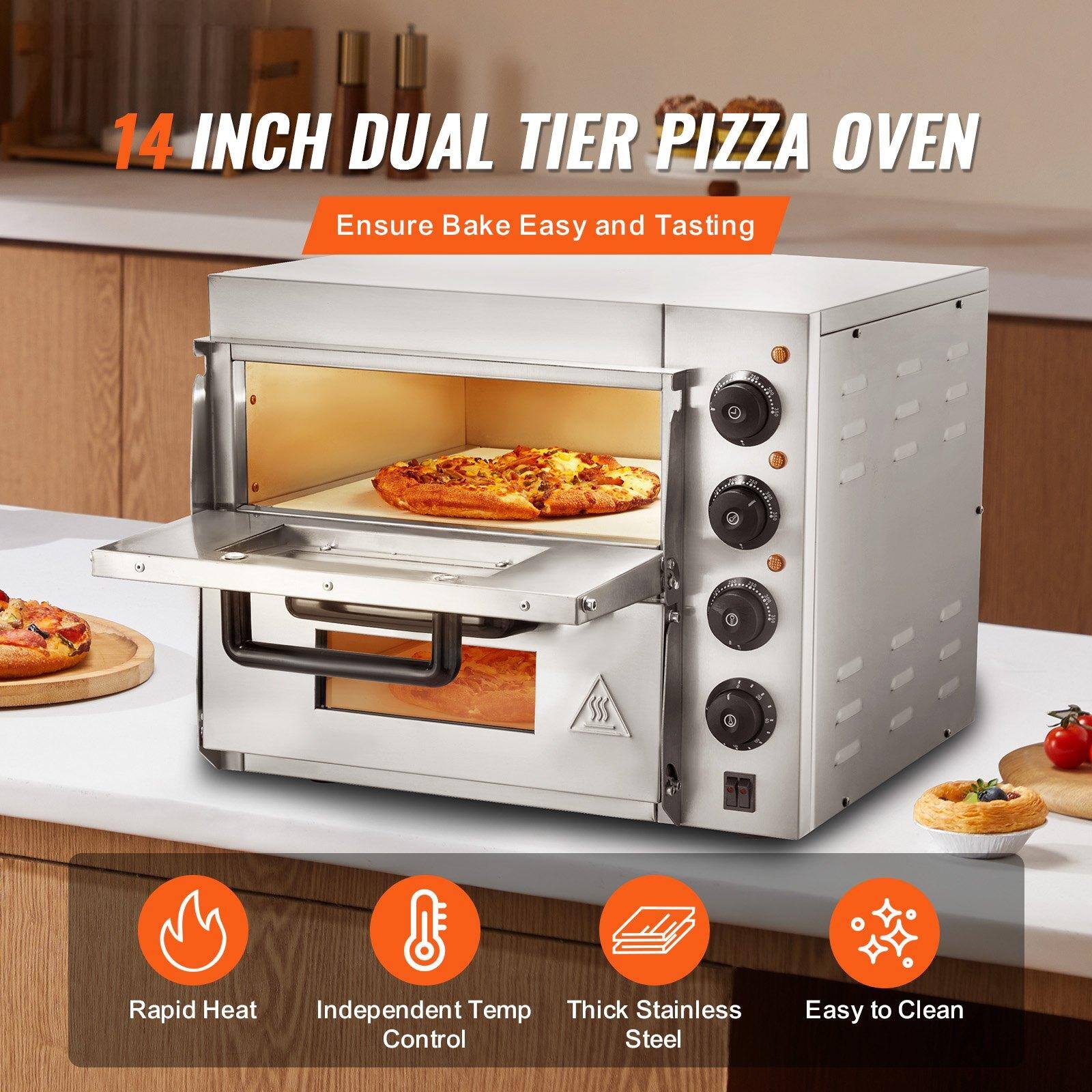 14 INCH DUAL TIER PIZZA OVEN  
Ensure Bake Easy and Tasting  

- Rapid Heat  
- Independent Temp Control  
- Thick Stainless Steel  
- Easy to Clean