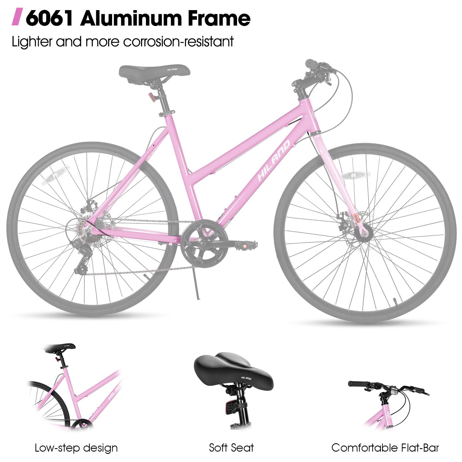 6061 Aluminum Frame, Lighter and more corrosion-resistant, HILAND M, Low-step design, Soft Seat, Comfortable Flat-Bar