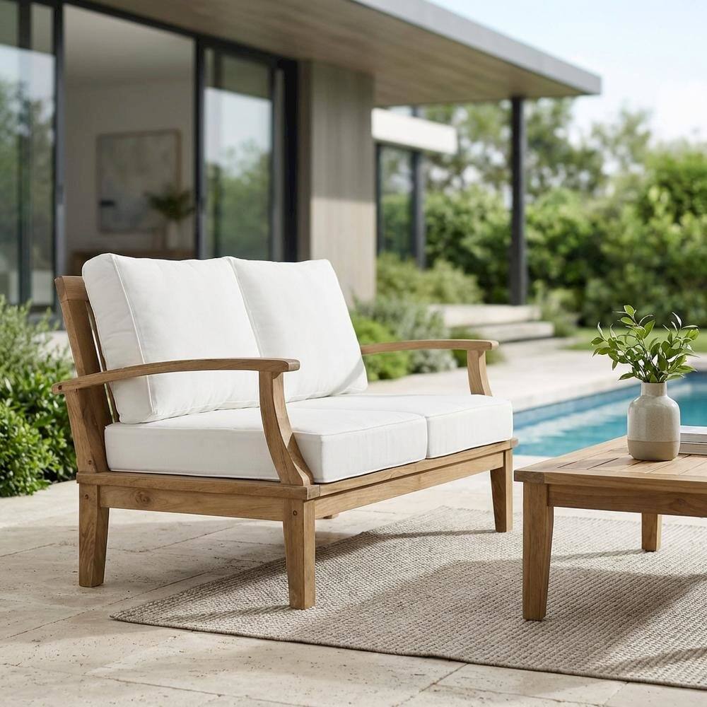 Left. Outdoor Escape - Outdoor Patio Teak Loveseat With Cushioned Seating For Outdoor Relaxation - White.