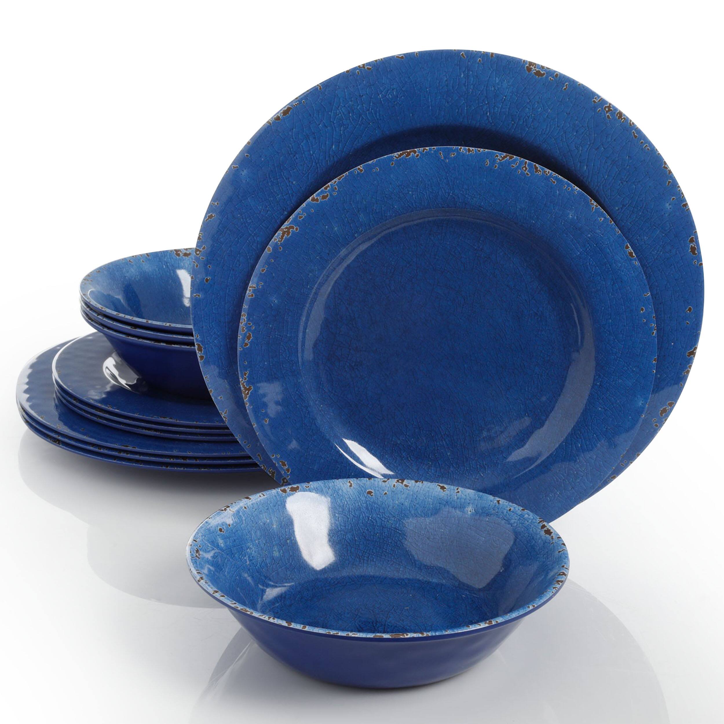 Alt View 7. Studio California - Studio California Mauna 12 Piece Dinnerware Set in Cobalt Blue Crackle Look Decal - Blue.