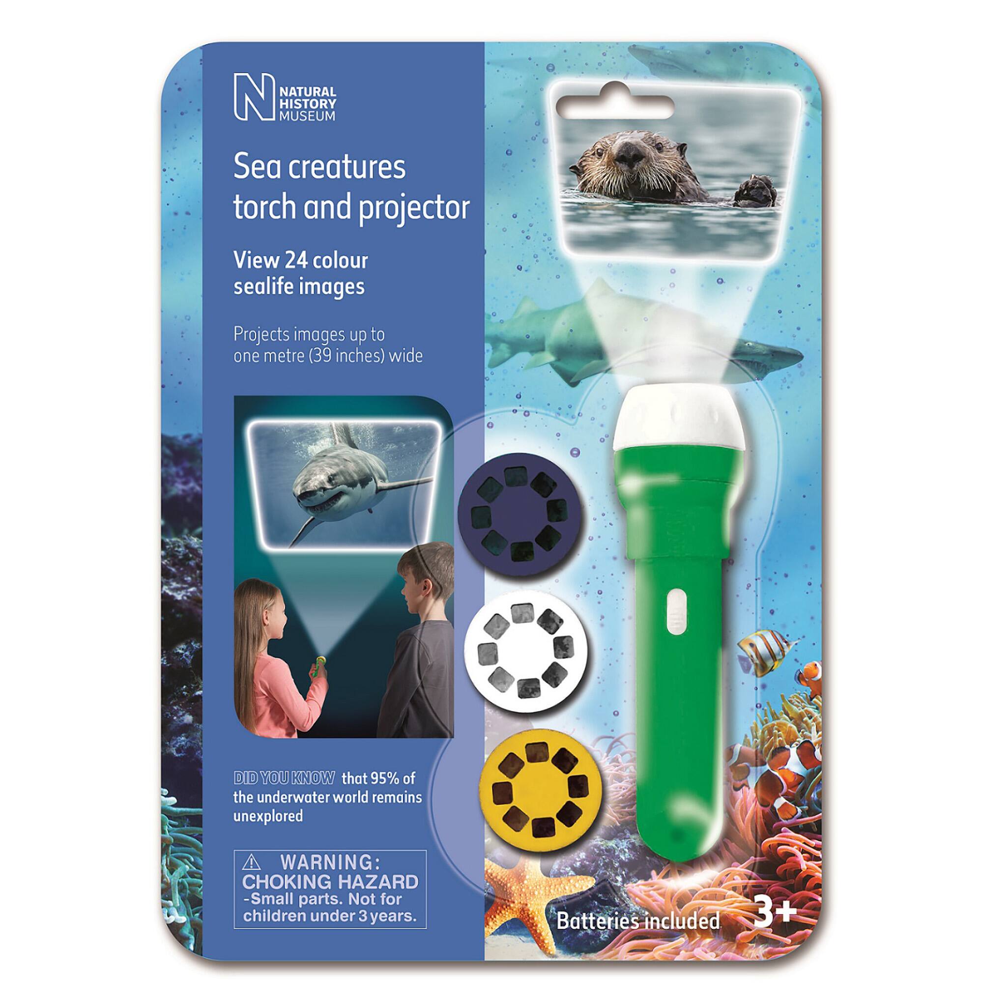 Natural History Museum Sea Creatures Torch and Projector: View 24 colour sealife images, projects images up to one metre (39 inches) wide. DID YOU KNOW that 95% of the underwater world remains unexplored? WARNING: CHOKING HAZARD - Small parts. Not for children under 3 years. Batteries included.
