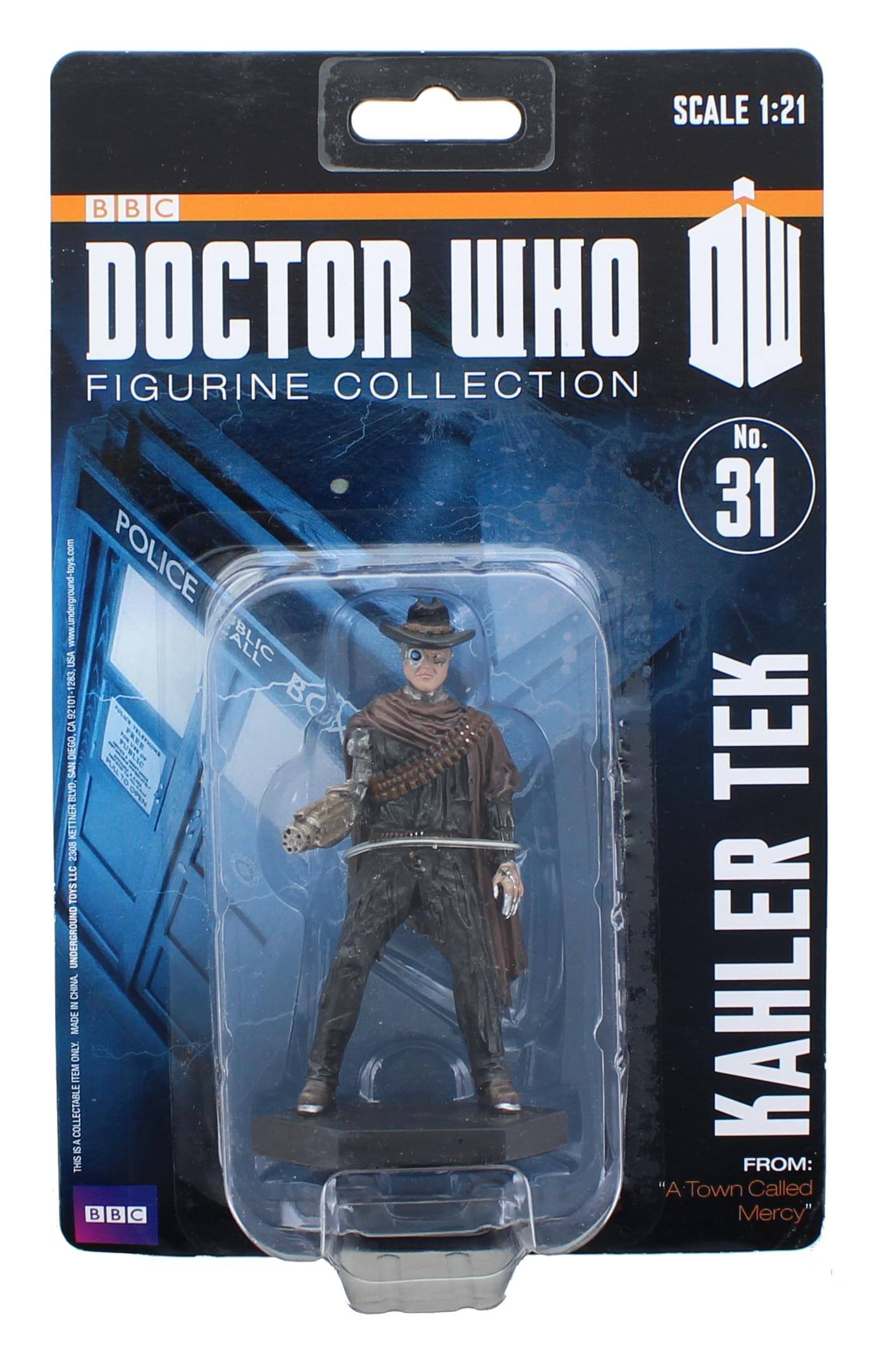 SCALE 1:21  
BBC DOCTOR WHO FIGURINE COLLECTION  
No. 31  
www.underground-toys.com  
POLICE BOX  
KAHLER TEK  
FROM: "A Town Called Mercy"  
THIS IS A COLLECTABLE ITEM ONLY  
MADE IN CHINA  
UNDERGROUND TOYS  
1283 2 CA 92101  
BOJ DIEGO SAN BLYD KETTNER 2308 LLC