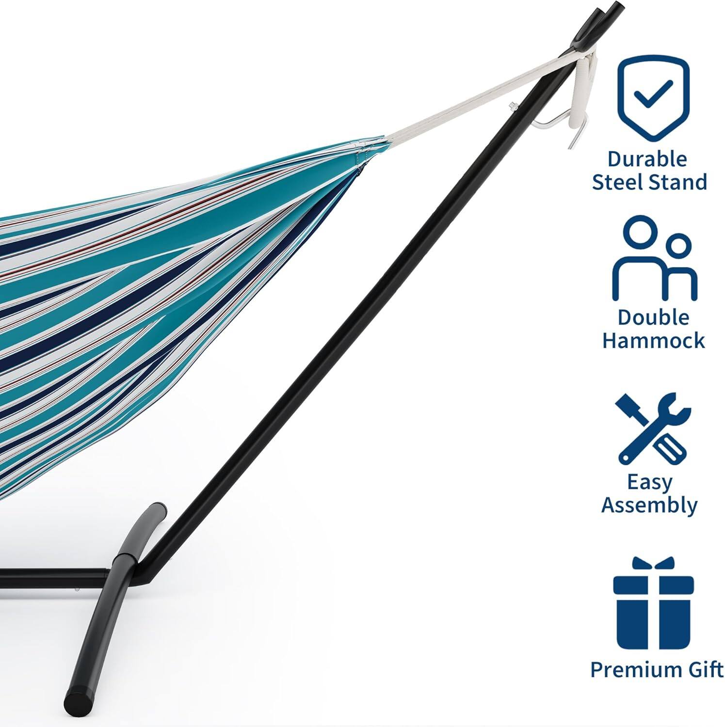 Durable Steel Stand  
Double Hammock  
Easy Assembly  
Premium Gift