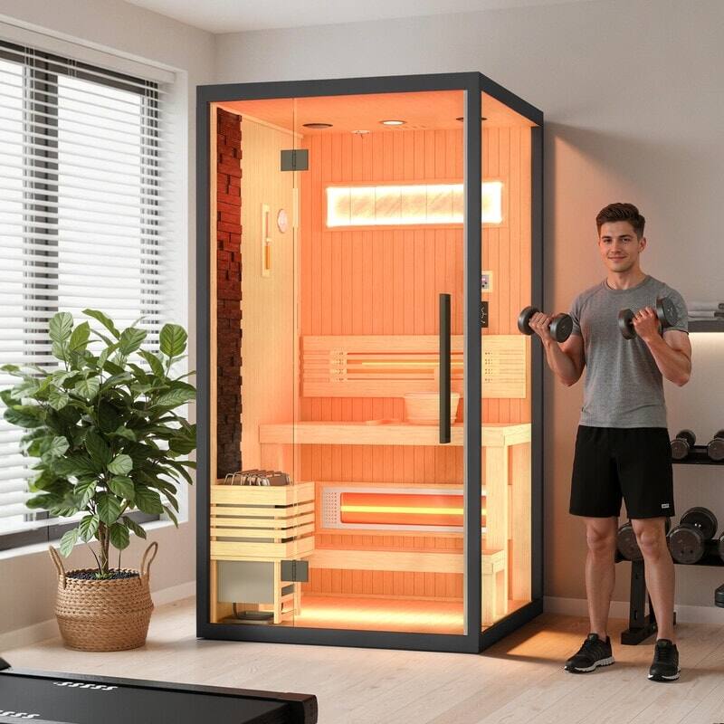 Angle. U-HOMY - Dual-Therapy Luxury Sauna – Steam or Far-Infrared, Bluetooth & Color Light Therapy for Home Use - Black.