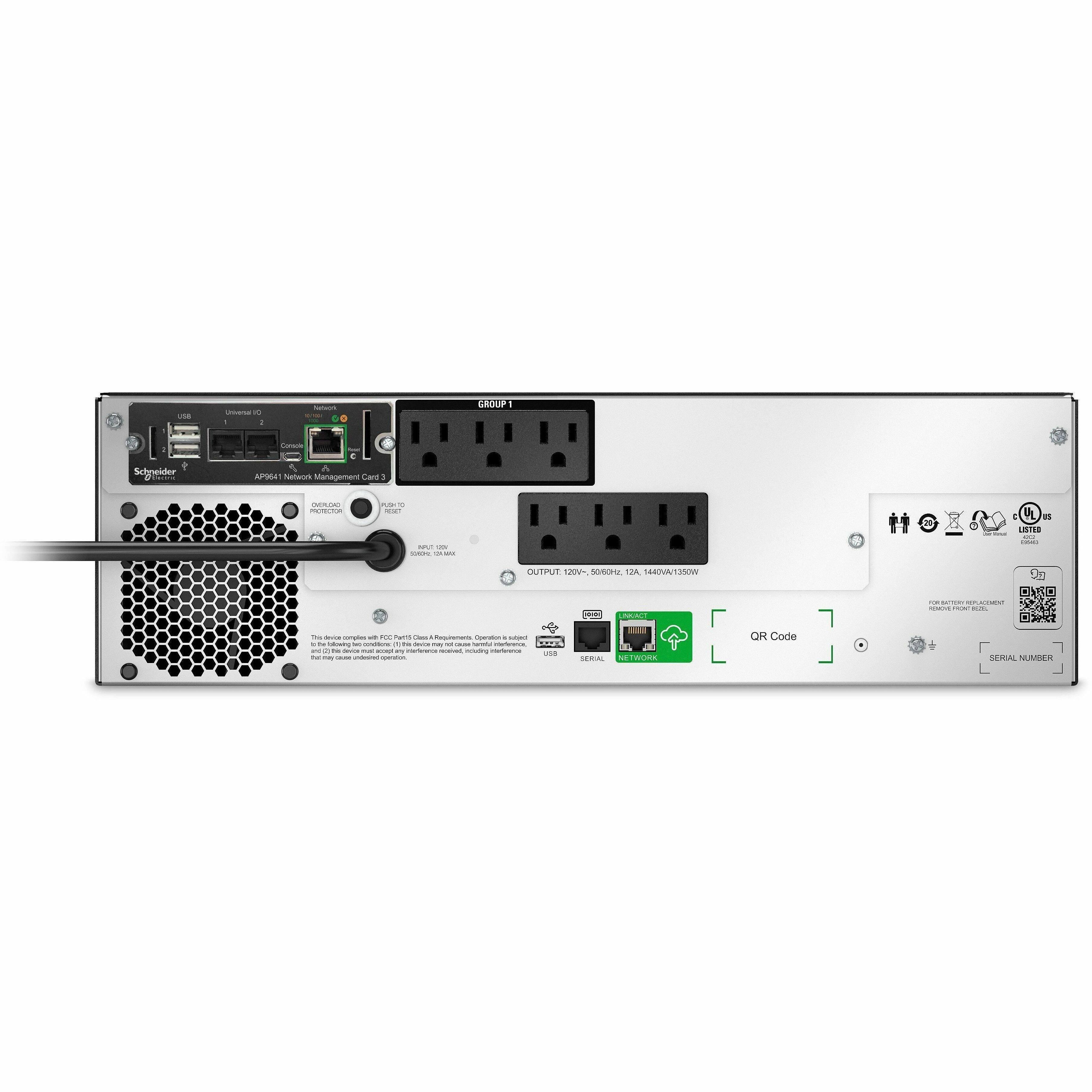 - Schneider Electric
- AP6041 Network Management Case 3
- OUTPUT: 120V~ 50/60Hz, 12A, 1440W/1350W
- USB
- Universal I/O
- Network
- GROUP 1
- OUTPUT
- This device complies with FCC Part 15 Class A requirements. Operation is subject to limitations in this class of devices, which may cause radio interference. This device may not cause interference, but it is subject to limits designed to prevent interference with radio and television reception.
- QR Code
- SERIAL NUMBER
- FOR BATTERIES AND ACCESSORIES
- UL LISTED
- 500mA MAX
- 500mA MAX
- 500mA MAX
- 500mA MAX
- 500mA MAX
- 500mA MAX
- 500mA MAX
- 500mA MAX
- 500mA MAX
- 500mA MAX
- 500mA MAX
- 500mA MAX
- 500mA MAX
- 500