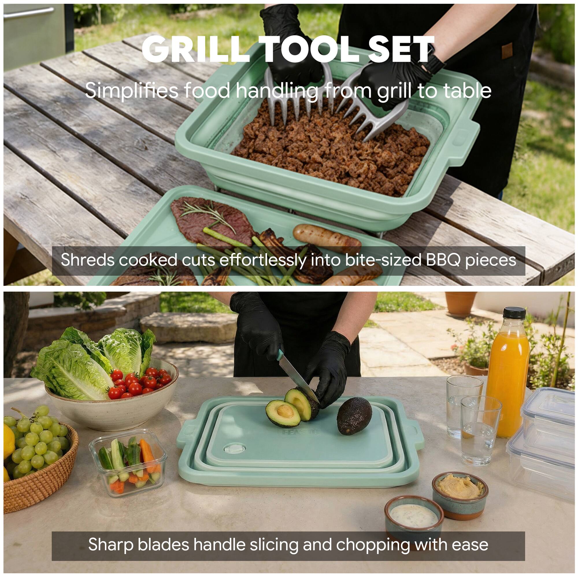 GRILL TOOL SET  
Simplifies food handling from grill to table  

Shreds cooked cuts effortlessly into bite-sized BBQ pieces  

Sharp blades handle slicing and chopping with ease