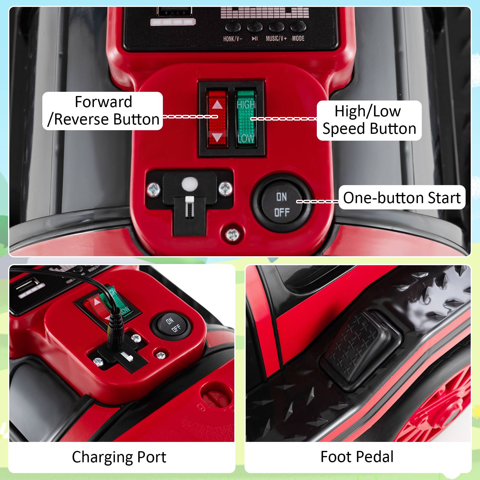 - Forward / Reverse Button
- High/Low Speed Button
- One-button Start
- Charging Port
- Foot Pedal