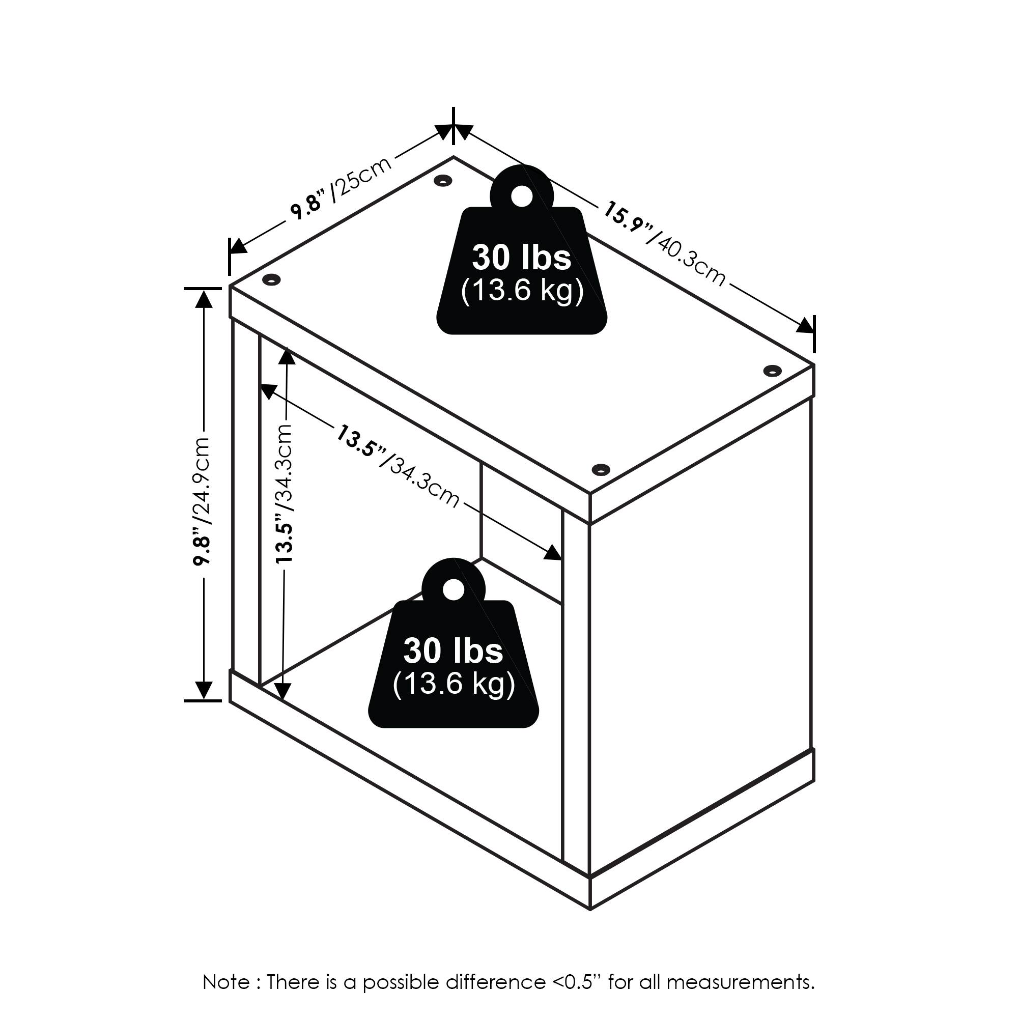 9.8" / 25cm  
15.9" / 40.3cm  
30 lbs / 13.6 kg  

9.8" / 24.9cm  
13.5" / 34.3cm  
3.5" / 34.3cm  

Note: There is a possible difference <0.5" for all measurements.