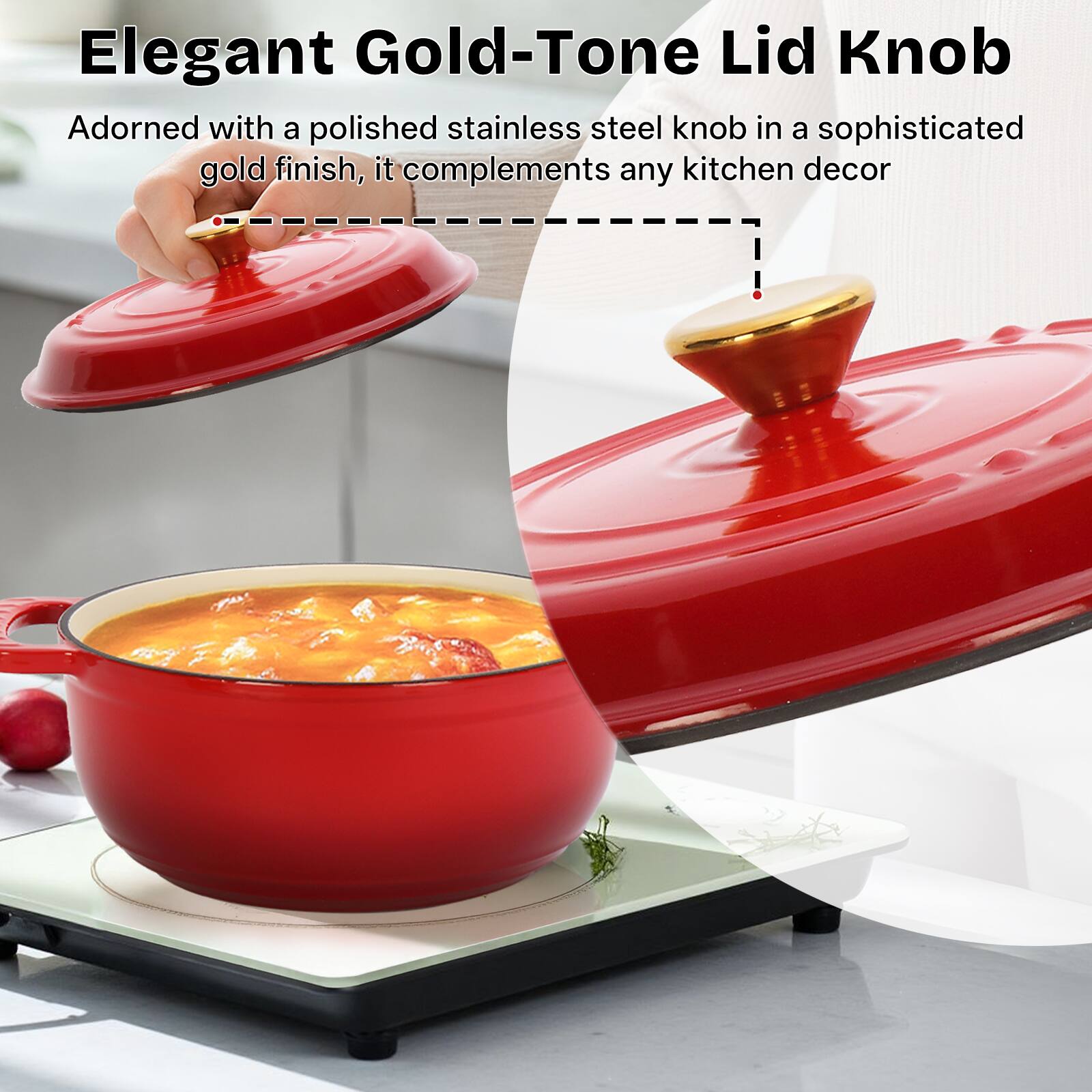 Elegant Gold-Tone Lid Knob

Adorned with a polished stainless steel knob in a sophisticated gold finish, it complements any kitchen decor.