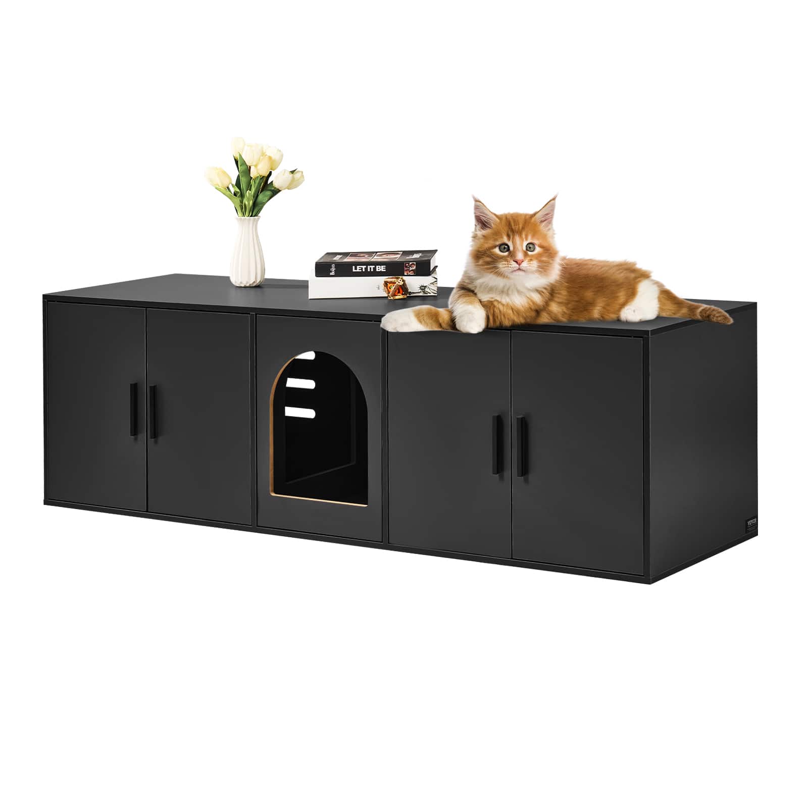 VEVOR - Cat Litter Box Enclosure for 2 Cats, 57.9 in Hidden Litter Furniture, Double Room Large Cat Washroom Cabinet - Black