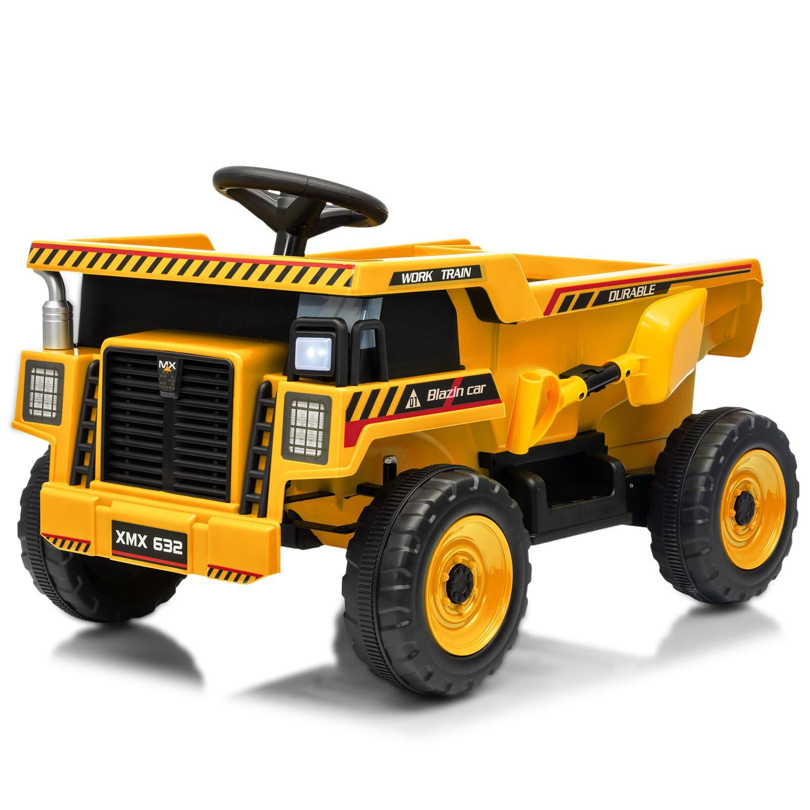 GARVEE - 12V Ride-On Dump Truck w/Remote - Auto-Lift Bed, Shovel, LED Lights, Music (Ages 3-8, 66lbs) - Yellow