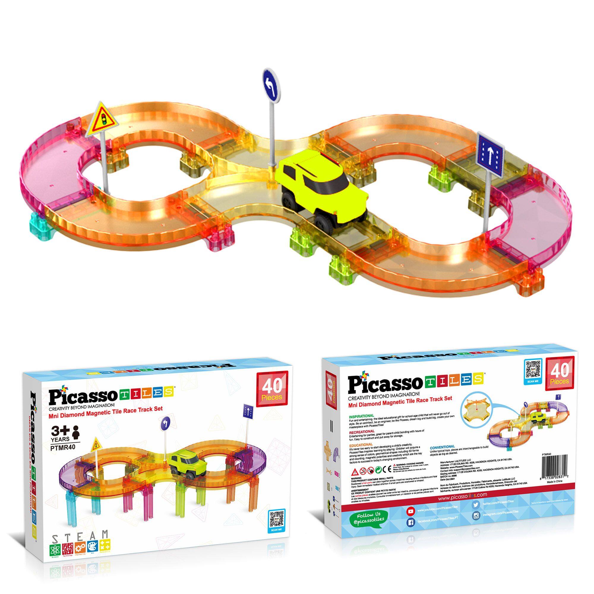 PicassoTiles - PICASSO-TILES Race Track Magnetic Tiles for Kids, 40PCS with 1 Racing Car, Mini STEM Building Blocks Educational Toy - Multicolor