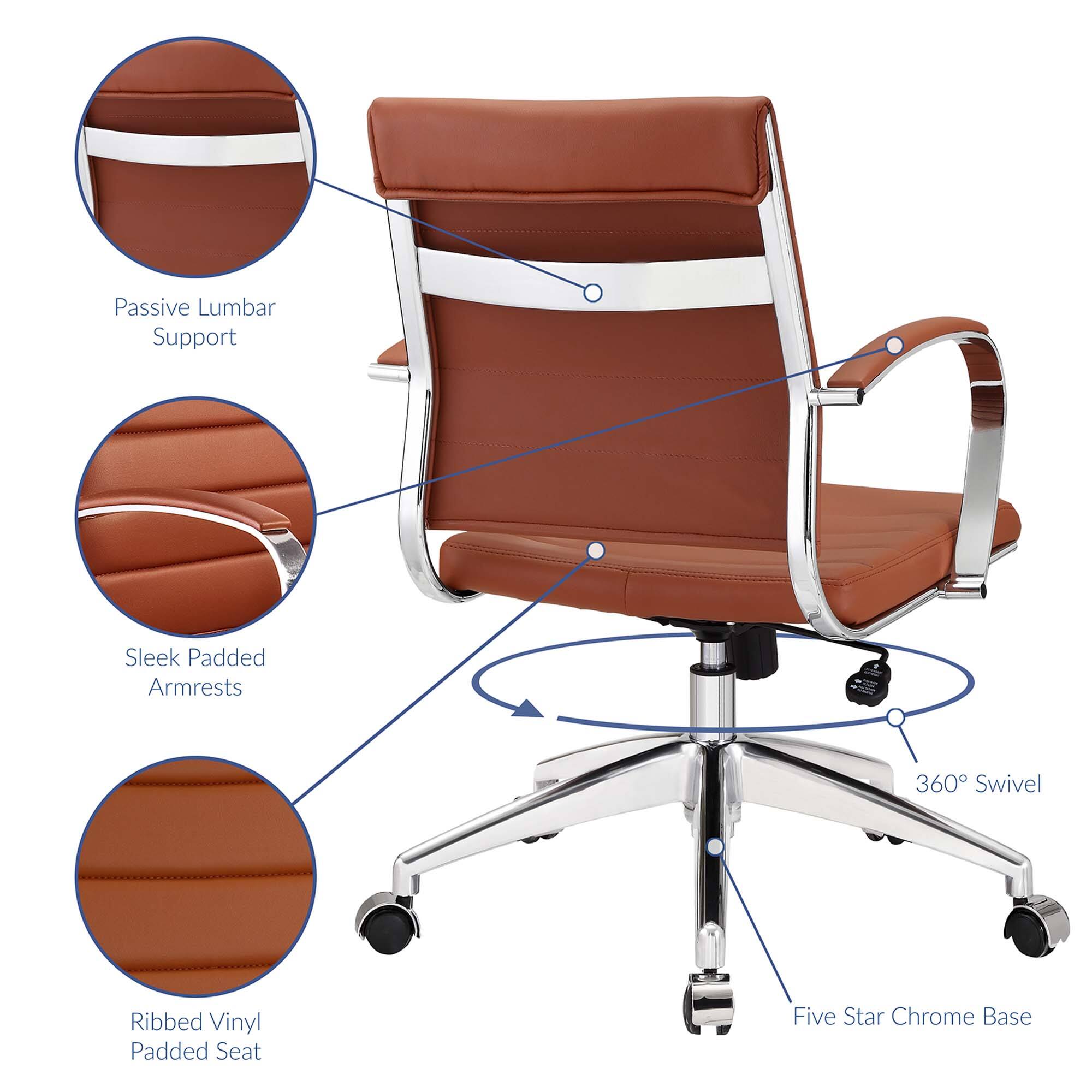 - Passive Lumbar Support
- Sleek Padded Armrests
- Ribbed Vinyl Padded Seat
- 360° Swivel
- Five Star Chrome Base