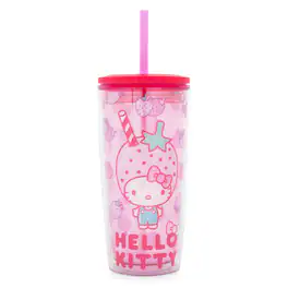 Silver Buffalo - Sanrio Hello Kitty Strawberries Plastic Tumbler With Lid and Straw | 20 Ounces - Pink