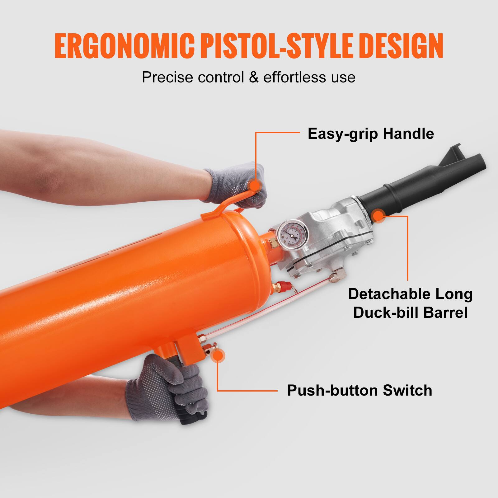 ERGONOMIC PISTOL-STYLE DESIGN  
Precise control & effortless use  
Easy-grip Handle  
Detachable Long Duck-bill Barrel  
Push-button Switch