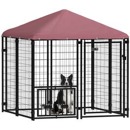 Pawhut - Wire Outdoor Dog Kennel with 360° Rotating & 4 Levels Adjustable Bowls, Waterproof Cover - Red