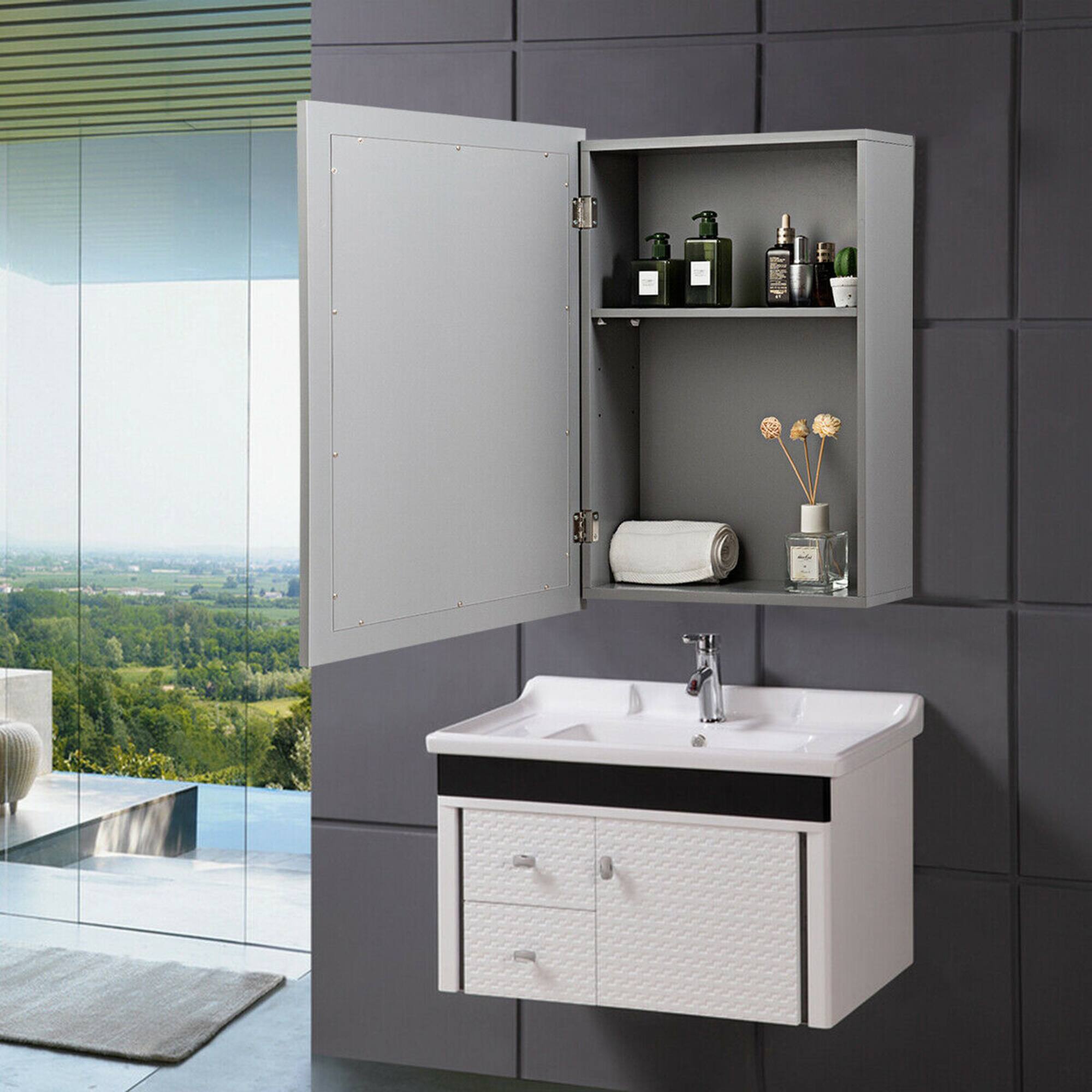 Alt View 3. Gymax - Gymax Mirrored Medicine Cabinet Wall-Mounted Bathroom Storage Organizer W/Shelf Grey - Grey.