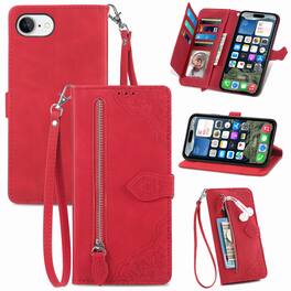 Dteck - for Apple iPhone 17e / 16e Wallet Case,Folio Shockproof PU Leather Card Holder Cover with Zipper Pocket & Wrist Strap - Red