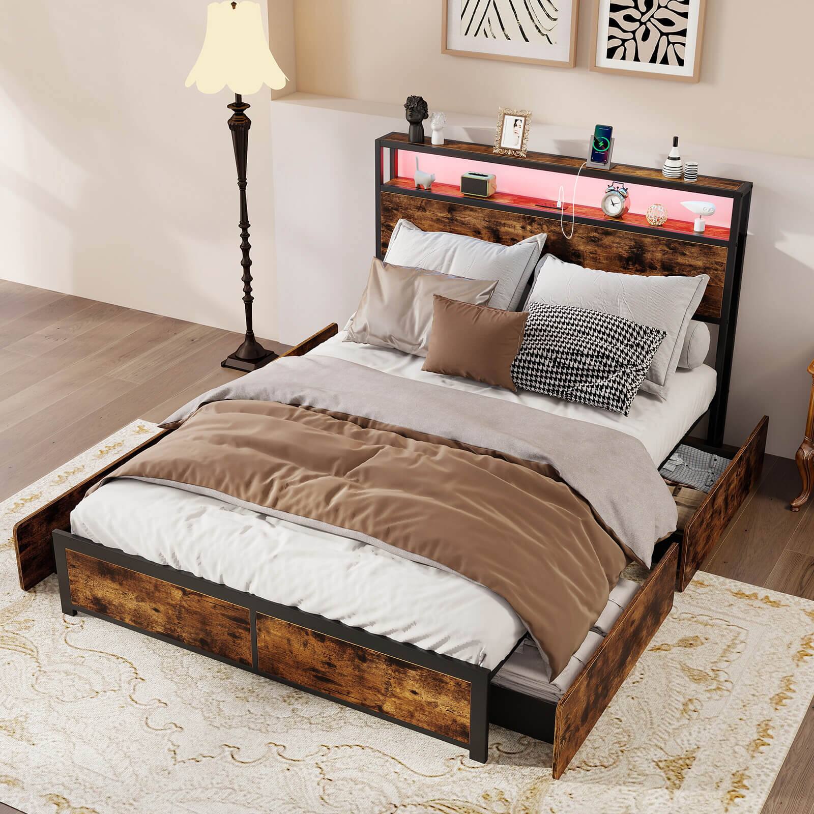 Alt View 4. Costway - Costway Full Size LED Bed Frame w/2-Tier Storage Headboard & 4 Drawers Charging Station - Rustic Brown,Black.