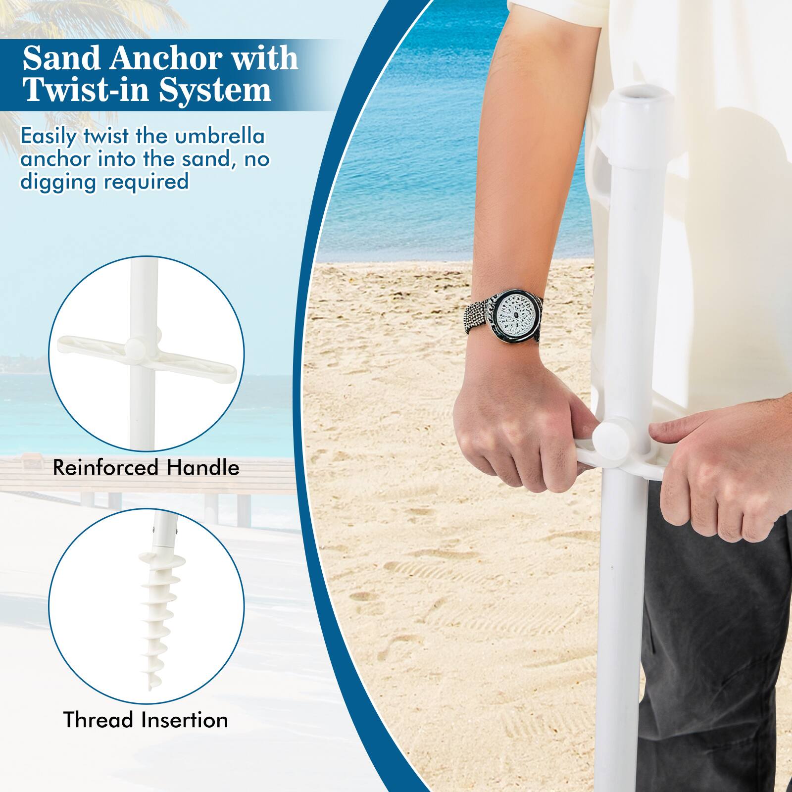 Sand Anchor with Twist-in System

Easily twist the umbrella anchor into the sand, no digging required

Reinforced Handle

Thread Insertion