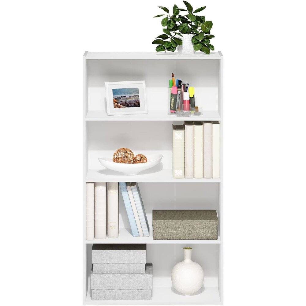 Alt View 2. FurniFact - White Wooden Book Shelf with Four Open Wooden Shelves for Modern Interiors - White.