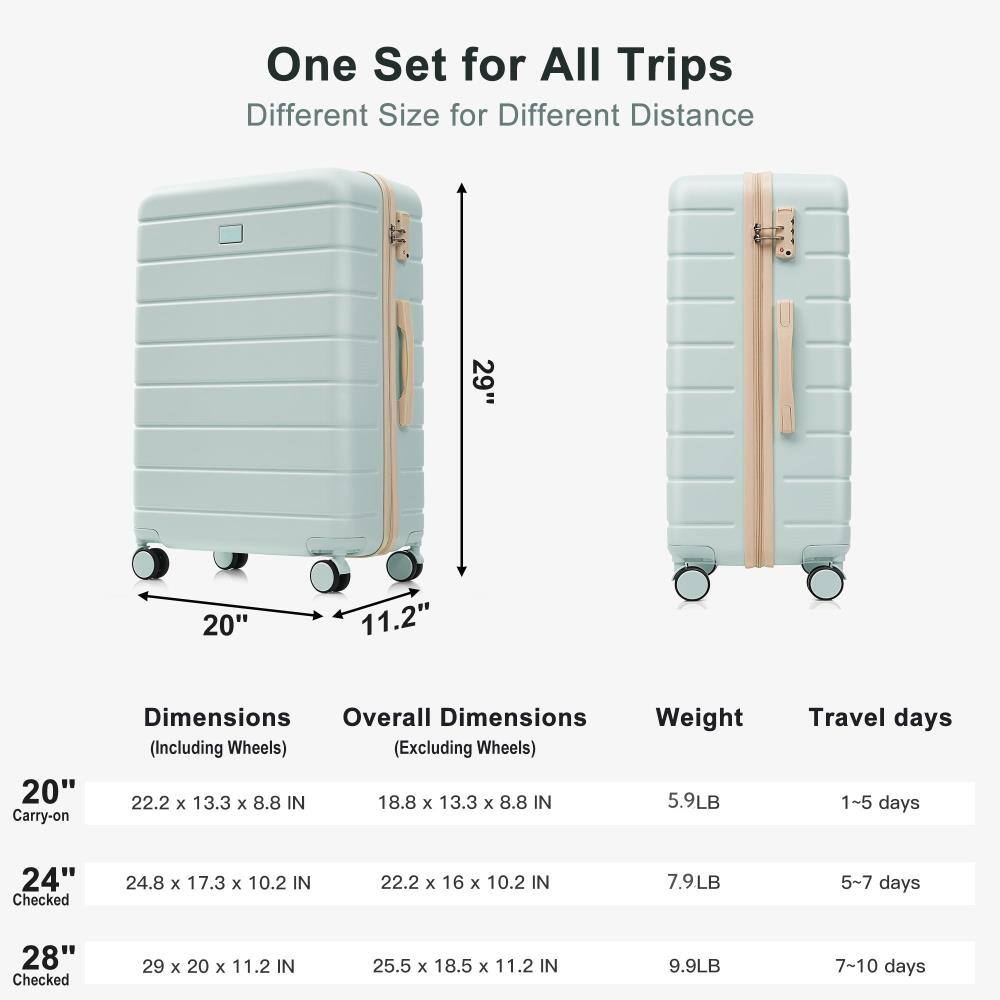One Set for All Trips  
Different Size for Different Distance

20" Carry-on  
Dimensions (Including Wheels): 22.2 x 13.3 x 8.8 IN  
Overall Dimensions (Excluding Wheels): 18.8 x 13.3 x 8.8 IN  
Weight: 5.9LB  
Travel days: 1-5 days

24" Checked  
Dimensions (Including Wheels): 24.8 x 17.3 x 10.2 IN  
Overall Dimensions (Excluding Wheels): 22.2 x 16 x 10.2 IN  
Weight: 7.9LB  
Travel days: 5-7 days

28" Checked  
Dimensions (Including Wheels): 29 x 20 x 11.2 IN  
Overall Dimensions (Excluding Wheels): 25.5 x 18.5 x 11.2 IN  
Weight: 9.9LB  
Travel days: 7-10 days