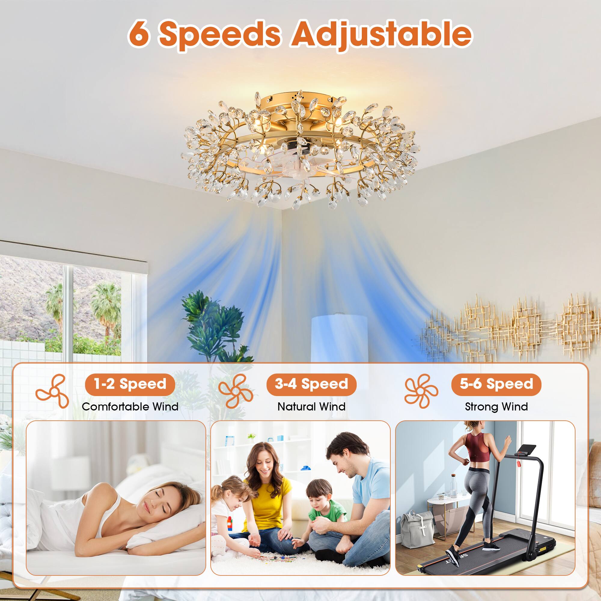 6 Speeds Adjustable

1-2 Speed: Comfortable Wind  
3-4 Speed: Natural Wind  
5-6 Speed: Strong Wind