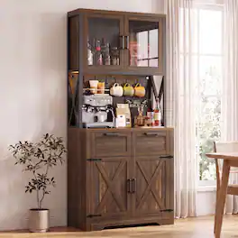 Aheaplus - 71'' Tall Pantry Cabinet with Power Outlets & LED Light, Storage Cabinet with 2 Drawers & DIY Pegboard - Retro Brown