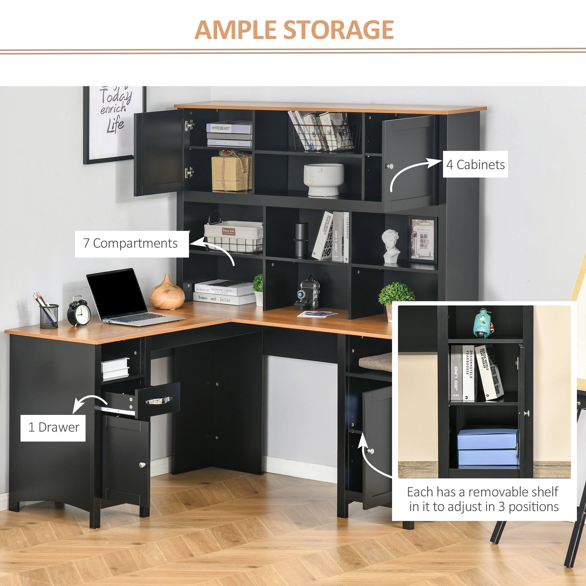 AMPLE STORAGE
Today enrich Life
4 Cabinets
7 Compartments
1 Drawer
Each has a removable shelf in it to adjust in 3 positions