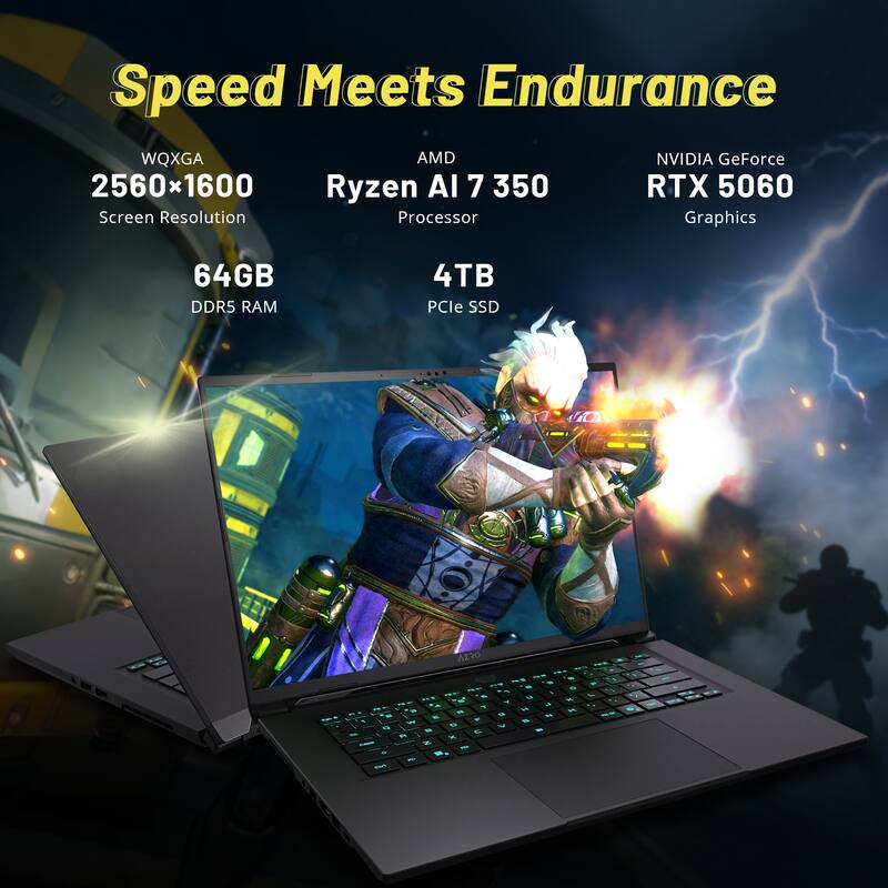 Speed Meets Endurance  
WQXGA 2560x1600 Screen Resolution  
AMD Ryzen AI 7 350 Processor  
NVIDIA GeForce RTX 5060 Graphics  
64GB DDR5 RAM  
4TB PCIe SSD