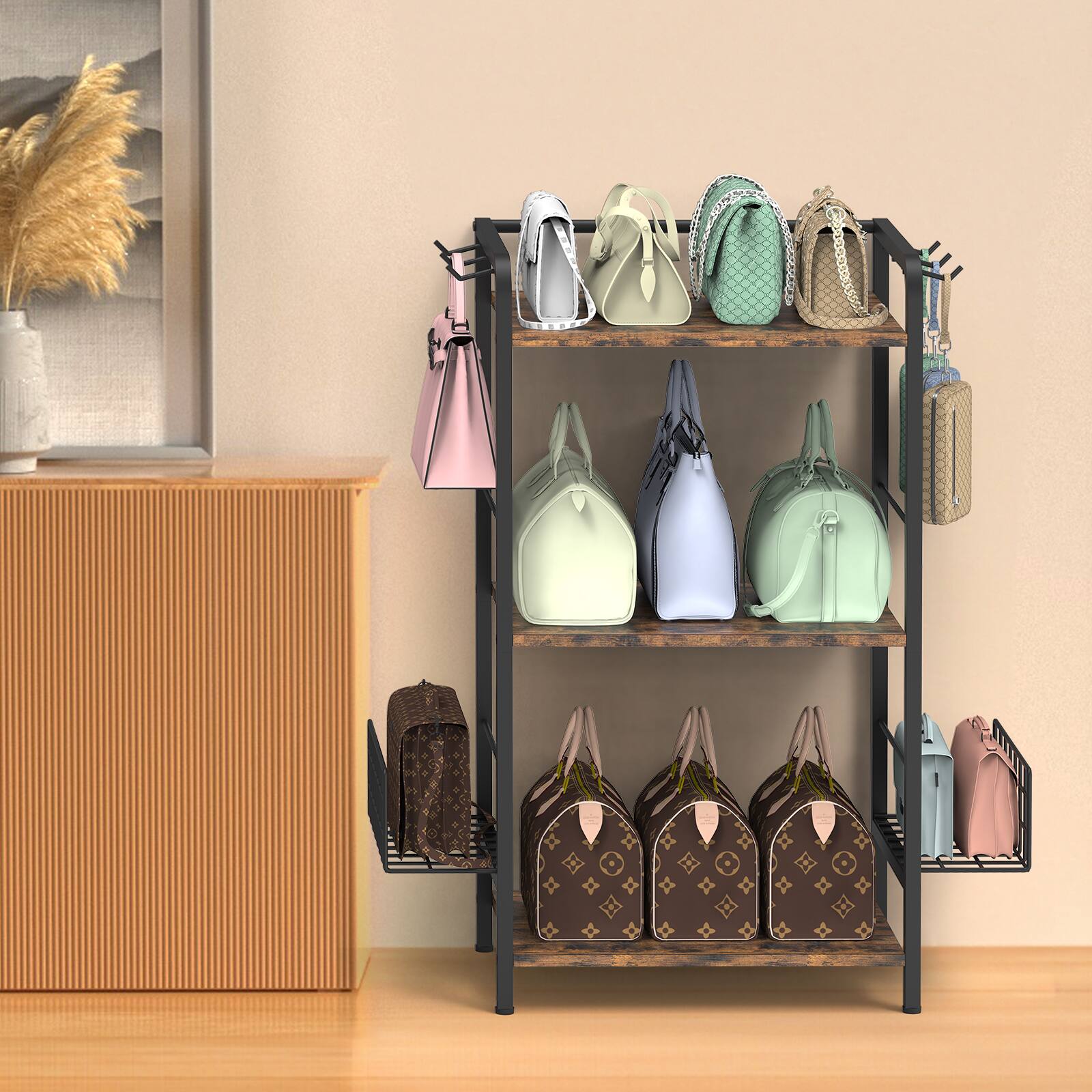 Angle. Oumilen - 3-Tier Handbag Storage Rack, Rustic Brown Wood & Matte Black Metal Purse Organizer Stand - Brown.