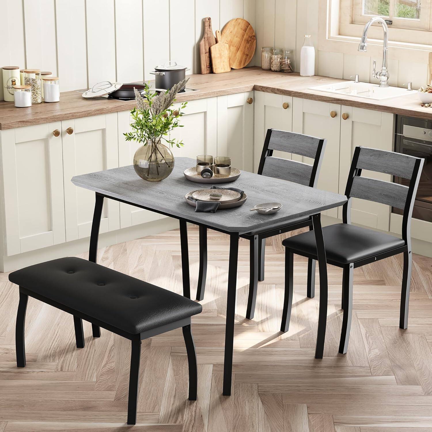 Angle. Qeetex - 4-Piece Farmhouse Table Set with 2 Chairs & Bench for Small Spaces - Gray.