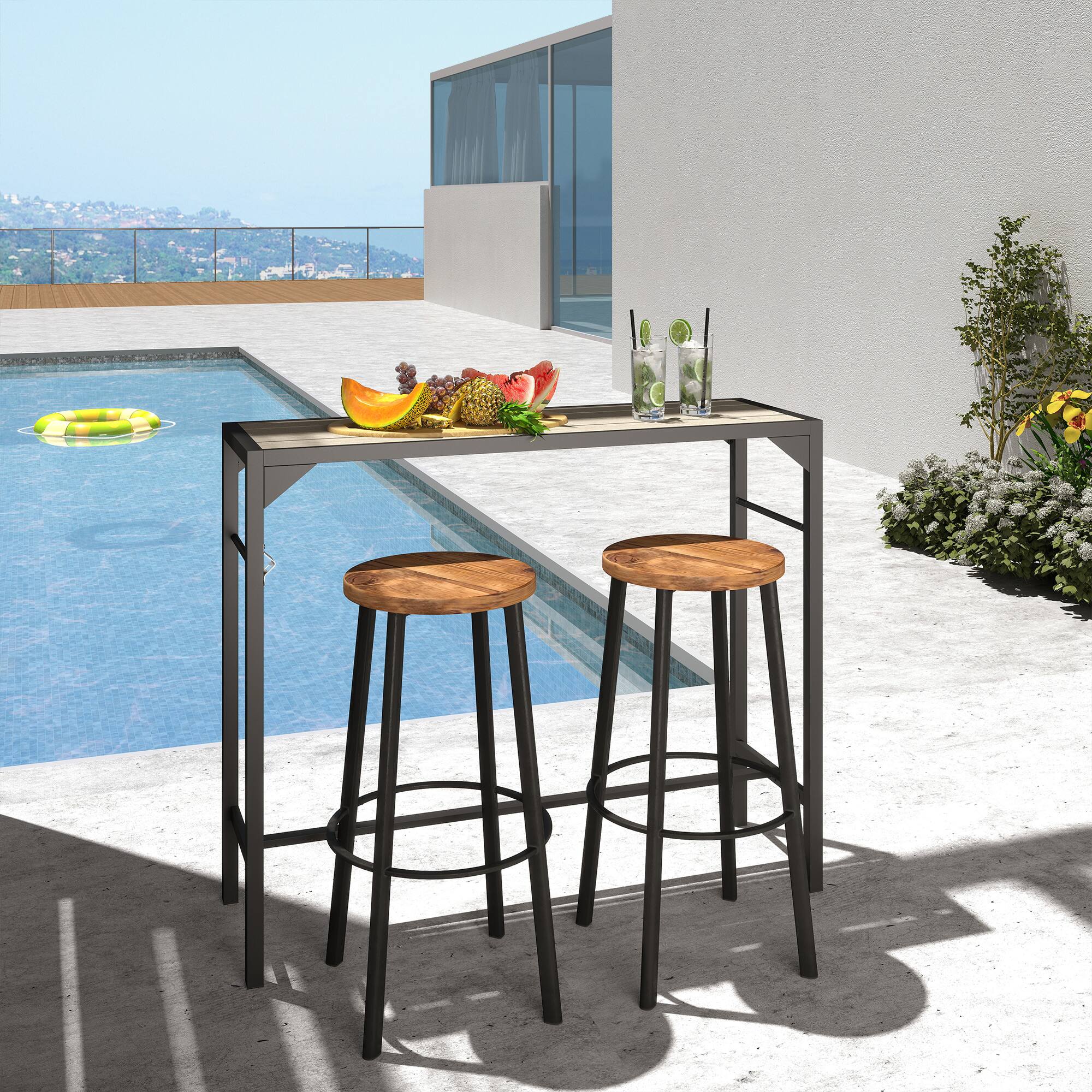 Alt View 1. Outsunny - Bar Table, Bar Height Patio Bar Table w/ Built-In Bottle Opener, Plastic Top with Wood Grain - Light Brown.