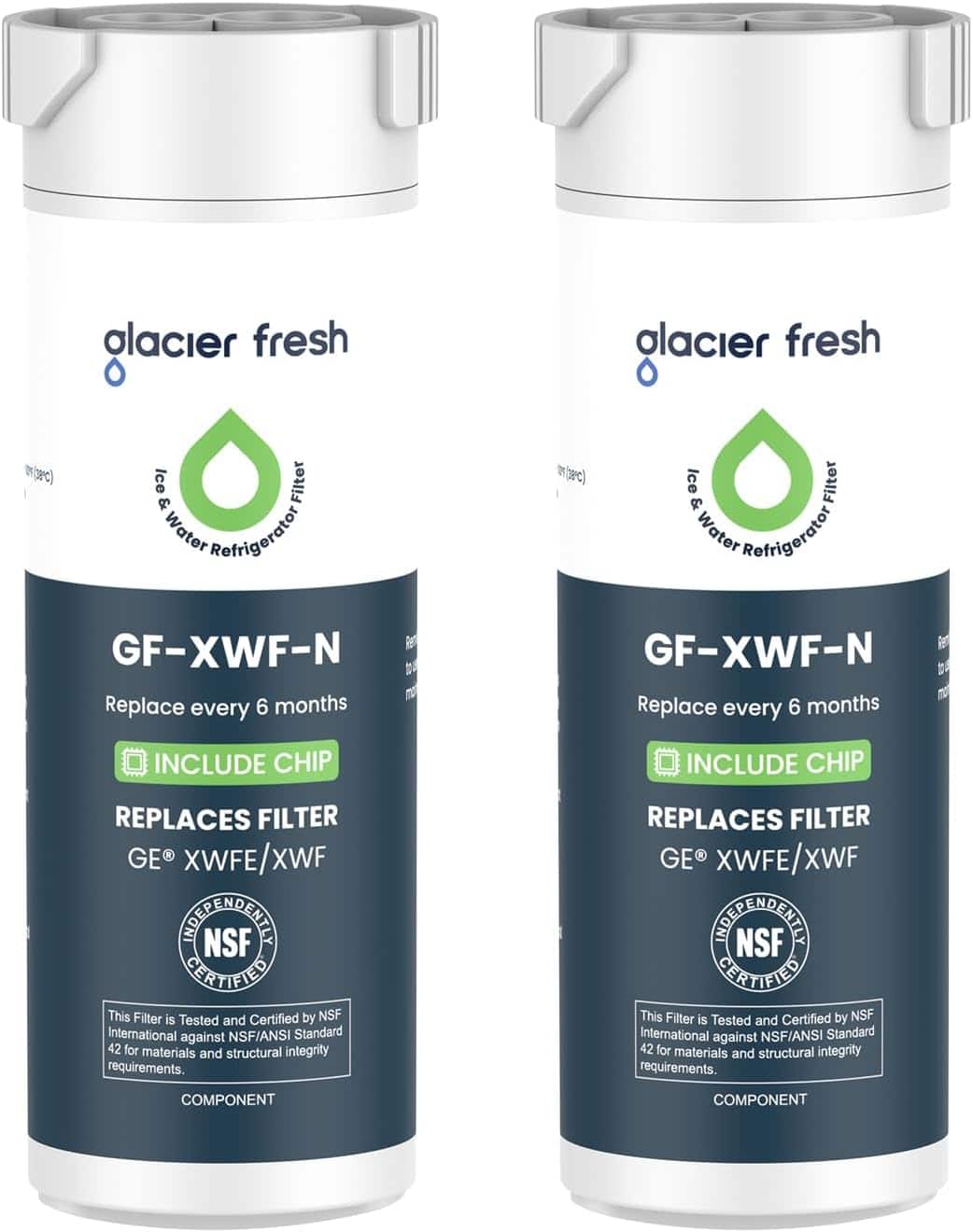 glacier fresh  
Ice & Water Refrigerator Filter  

GF-XWF-N  
Replace every 6 months  

INCLUDE CHIP  
REPLACES FILTER  
GE® XWFE/XWF  

This Filter is Tested and Certified by NSF International against NSF/ANSI Standard 42 for materials and structural integrity requirements.  

NSF CERTIFIED  

COMPONENT