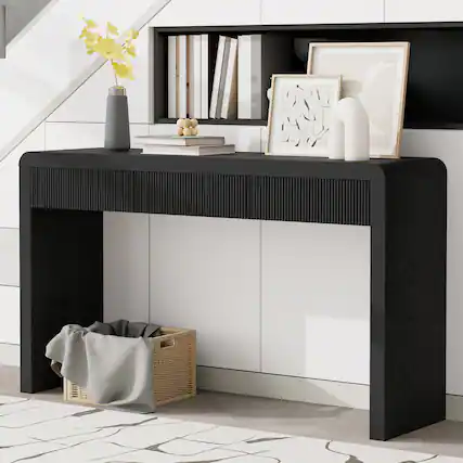 Front. Z-Edge - 53 Inch Console Table with Storage, Fluted Wood Entryway Table with 3 Drawers, Sofa Table Behind Couch for Living Room - Black.