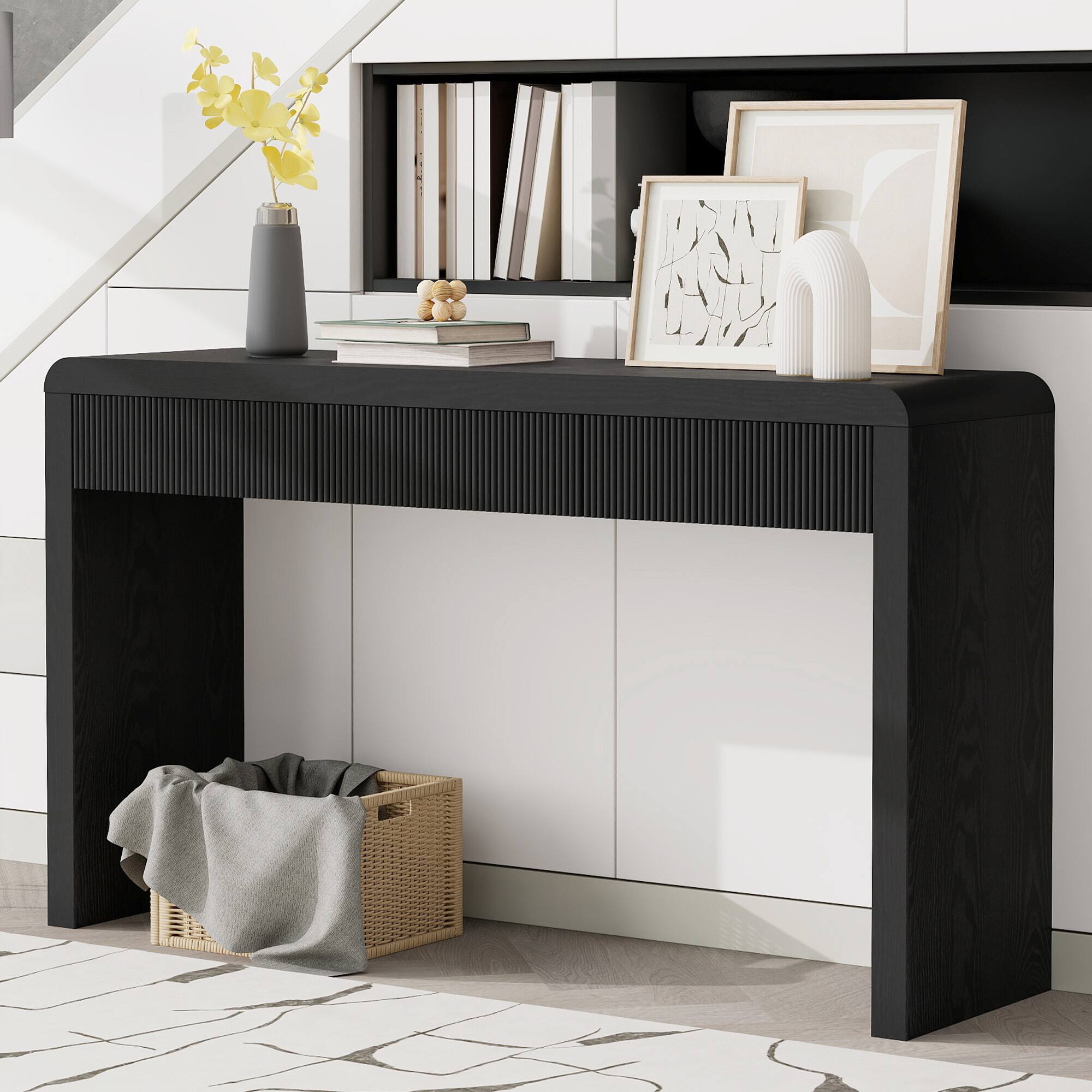 Front. Z-Edge - 53 Inch Console Table with Storage, Fluted Wood Entryway Table with 3 Drawers, Sofa Table Behind Couch for Living Room - Black.
