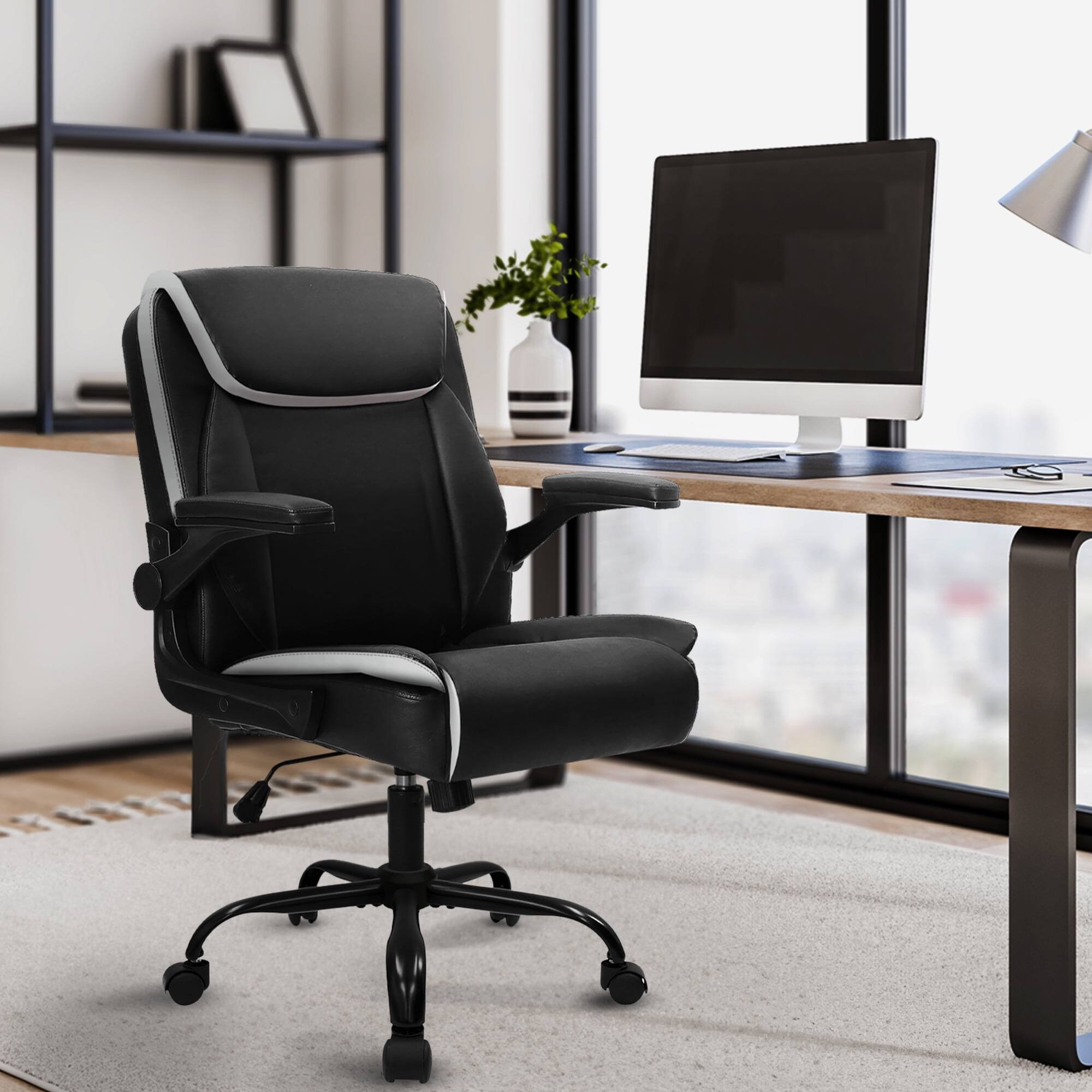 Alt View 4. Neo Chair - Desk Office Gaming Chair Ergonomic Executive Mid-Back Leather Padded Flip-Up Armrests Cushion Wheels Home Office - 1. Black.