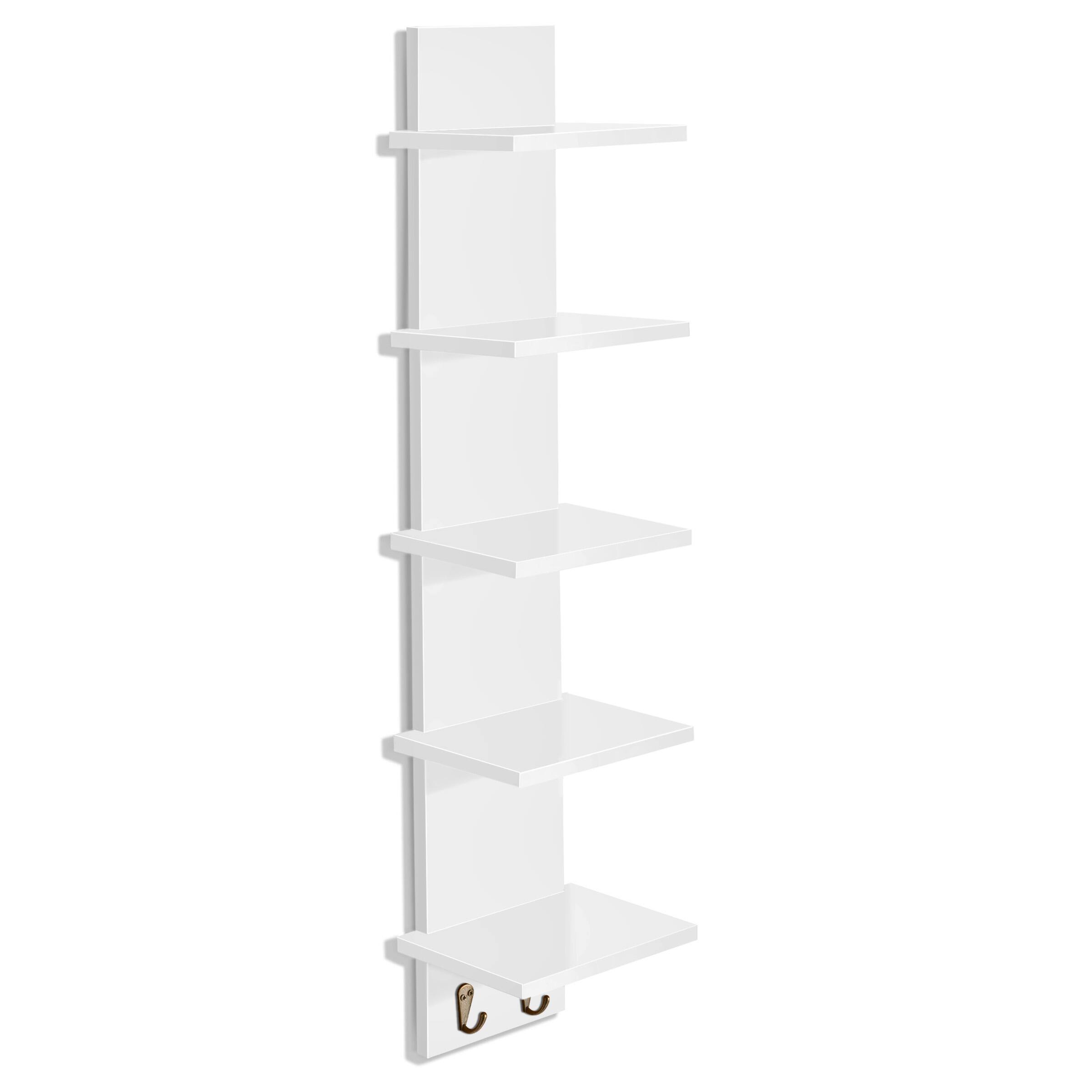 Sorbus - 5 Tier Wall Mounted Floating Shelf Unit with Hooks - Home Decor and Storage Organizer - White