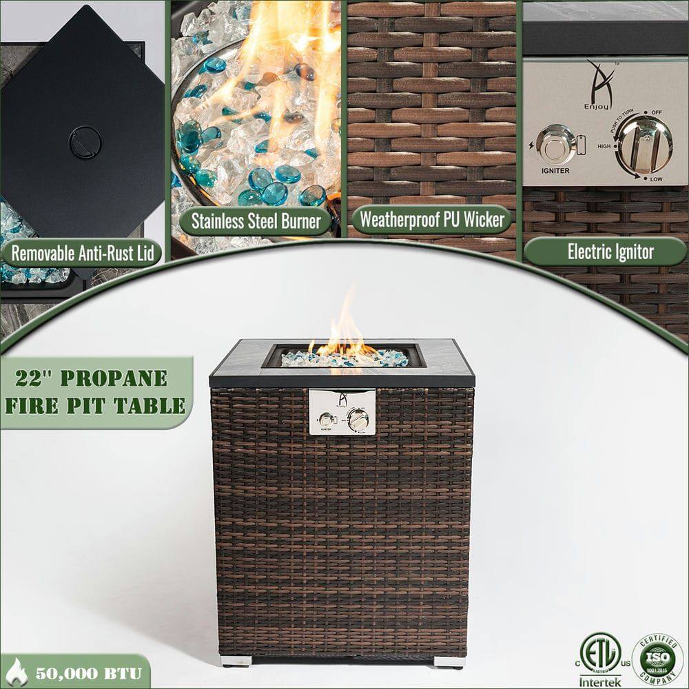 Enjoy a 22" Propane Fire Pit Table with the following features:

- Removable Anti-Rust Lid
- Stainless Steel Burner
- Weatherproof PU Wicker
- Electric Ignitor
- 50,000 BTU
- Certified by Intertek and ISO

Controls:
- High
- Low
- Off

Certifications:
- ETL
- US
- ISO Certified Company