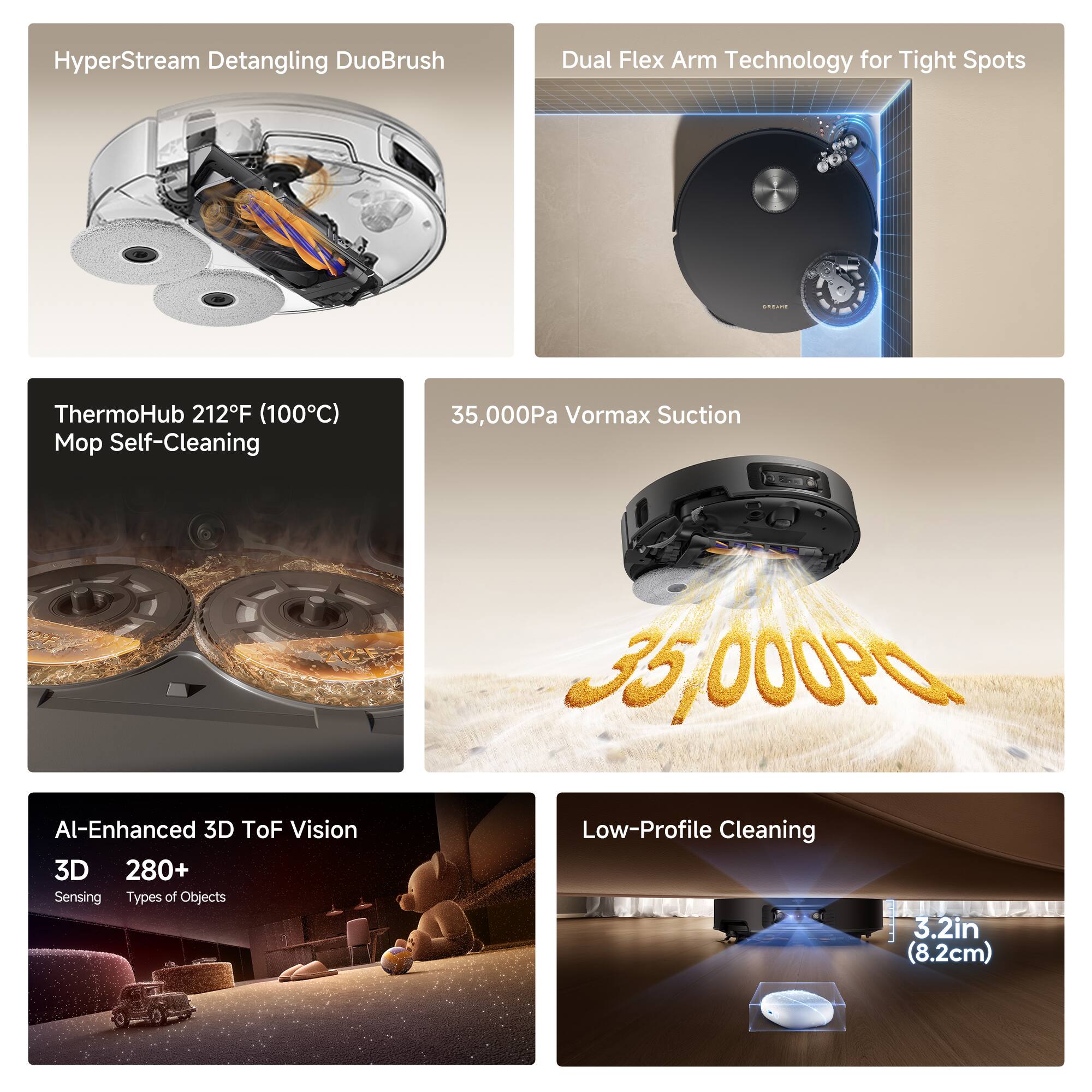 HyperStream Detangling DuoBrush  
Dual Flex Arm Technology for Tight Spots  

ThermoHub 212°F (100°C) Mop Self-Cleaning  

35,000Pa Vormax Suction  

AI-Enhanced 3D ToF Vision  
3D Sensing  
280+ Types of Objects  

Low-Profile Cleaning  
3.2in (8.2cm)