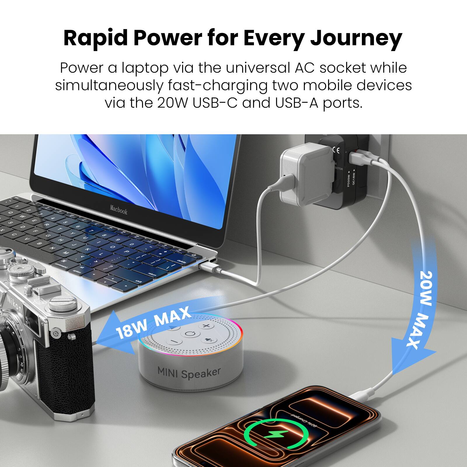Rapid Power for Every Journey

Power a laptop via the universal AC socket while simultaneously fast-charging two mobile devices via the 20W USB-C and USB-A ports.

18W MAX MINI Speaker

20W MAX