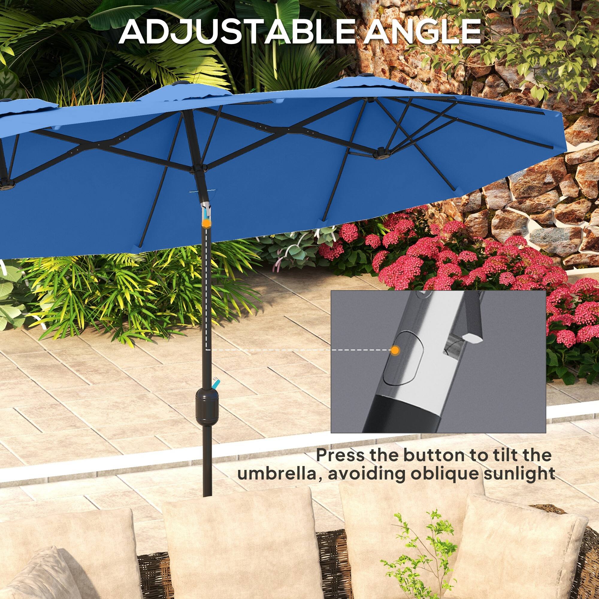 ADJUSTABLE ANGLE
Press the button to tilt the umbrella, avoiding oblique sunlight
