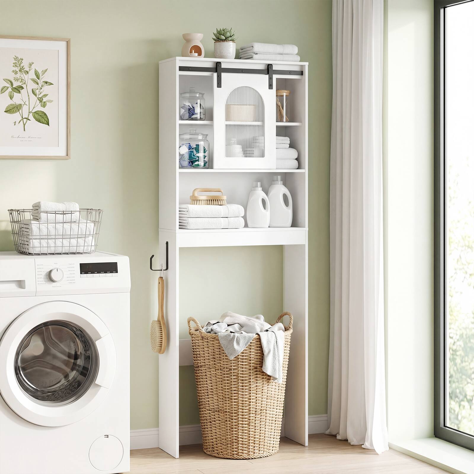 Alt View 4. Costway - Costway Over Toilet Storage Cabinet with Sliding Barn Door Toilet Paper Holder Open Shelves - White.