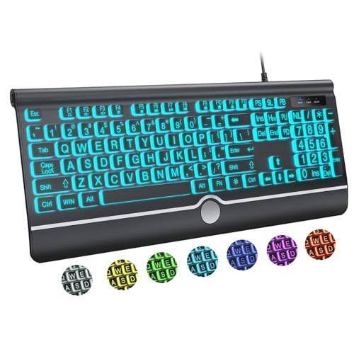 Cedar Assembly - Large Print Backlit Computer Usb Full Size Wired Keyboards With 7-colors Backlight Wrist Rest Light Up For - black-large print