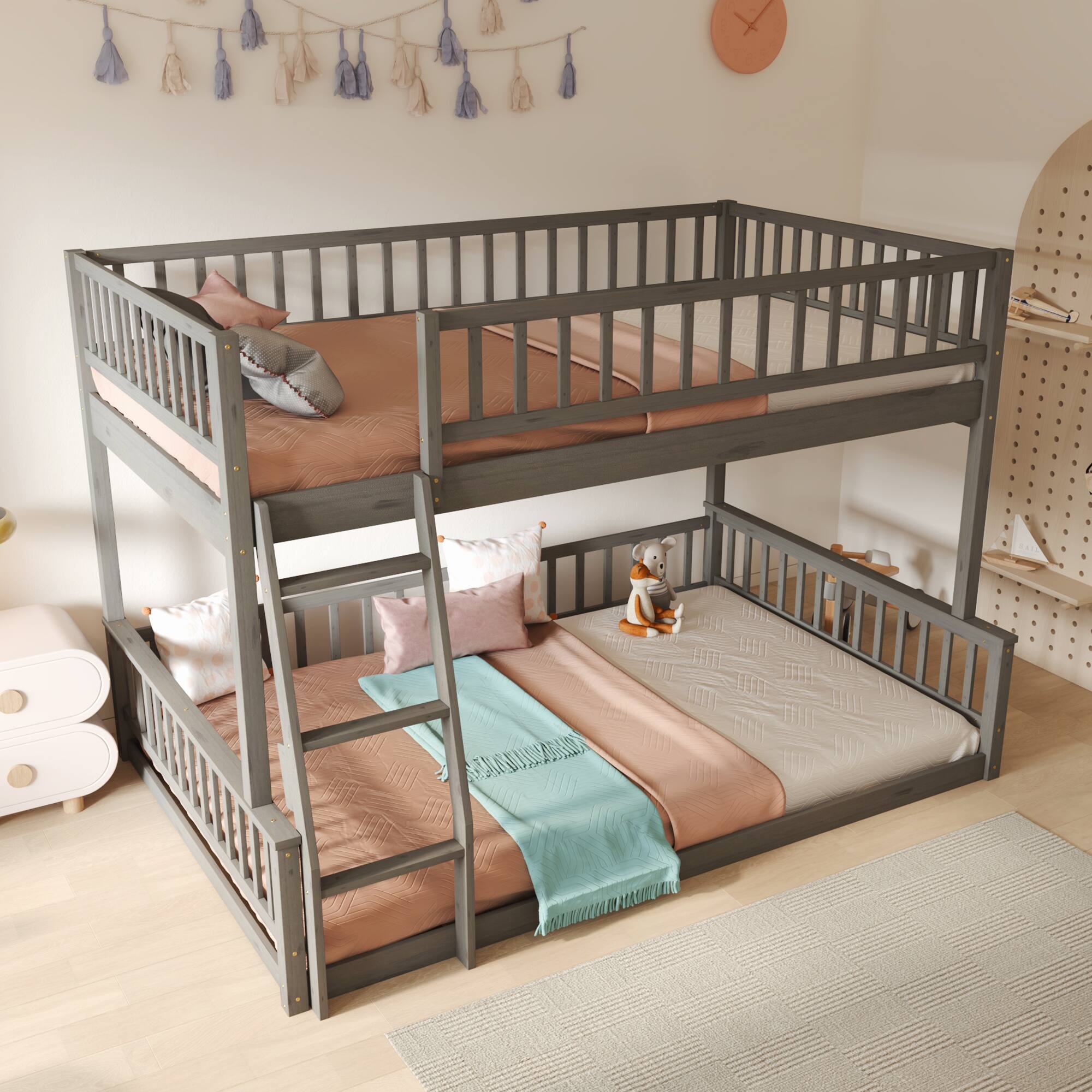 Front. Aukfa - Full XL over Queen Bunk Bed with Ladder and Guardrails - Gray.