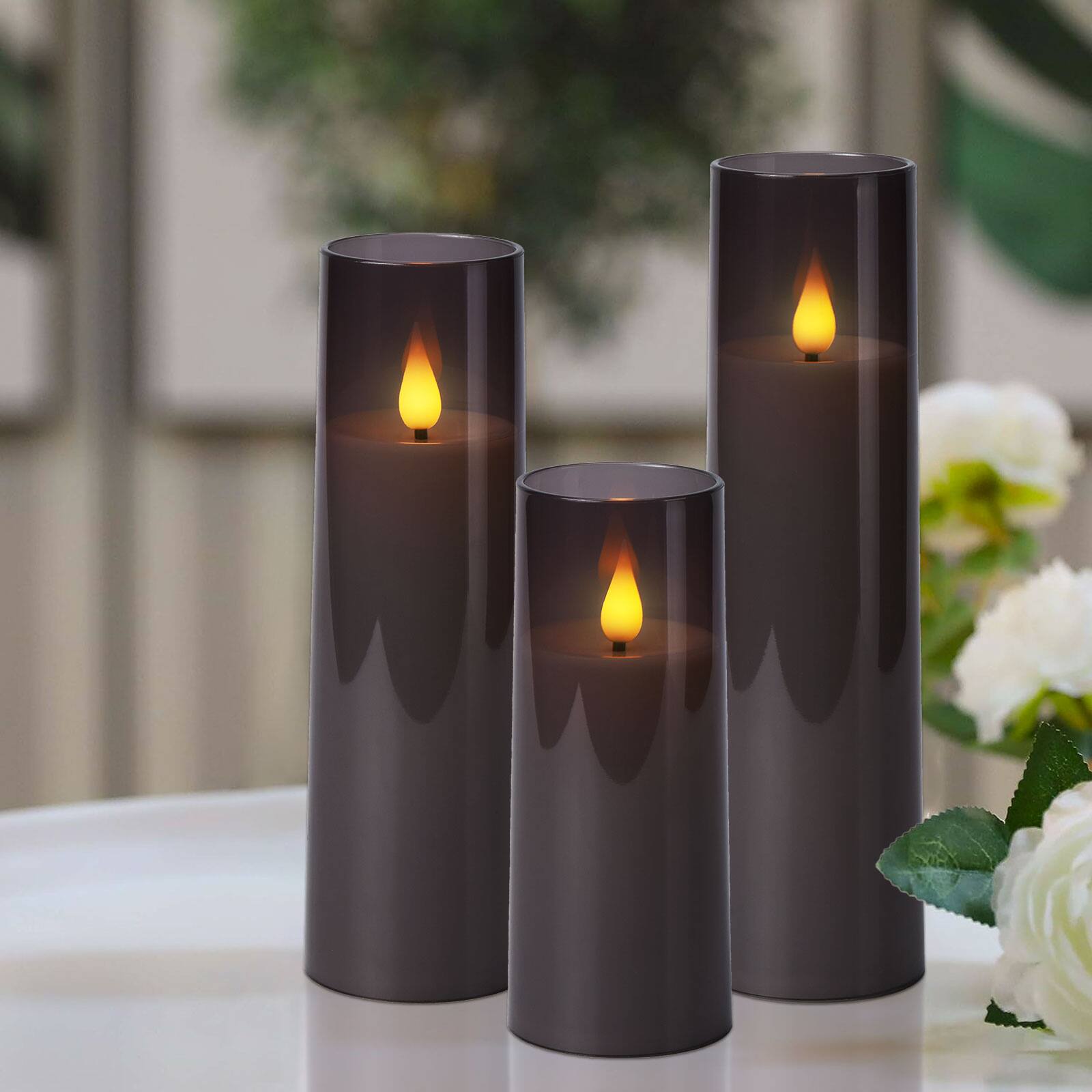 Alt View 5. IMAGE - 5 Pack 3D Wick LED Candles with Timer Flickering Flameless Candles, Grey - Grey.