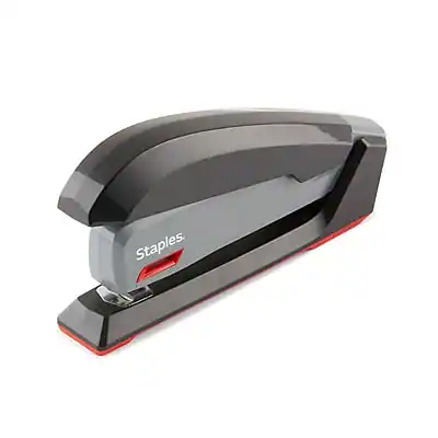 Front. Staples - One-Touch Reduced Effort Desktop Stapler, 20-Sheet Capacity, Included - Gray/Black/Red.