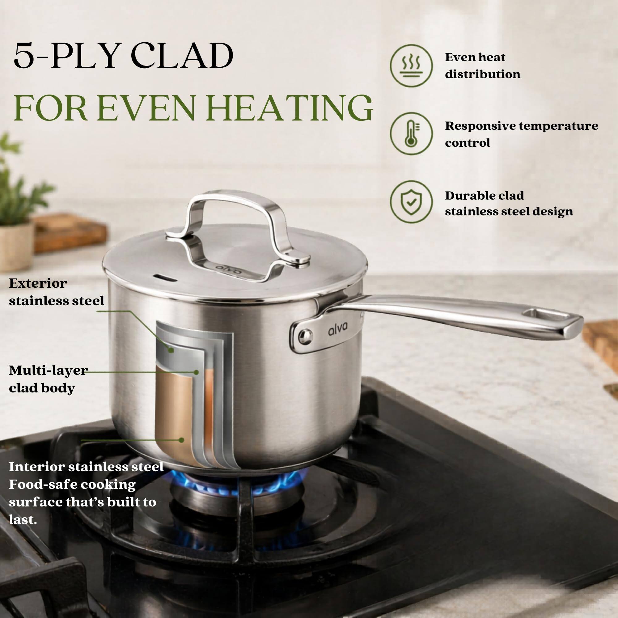 5-PLY CLAD  
FOR EVEN HEATING

- Even heat distribution
- Responsive temperature control
- Durable clad stainless steel design

Exterior stainless steel  
Multi-layer clad body  
Interior stainless steel  
Food-safe cooking surface that's built to last.