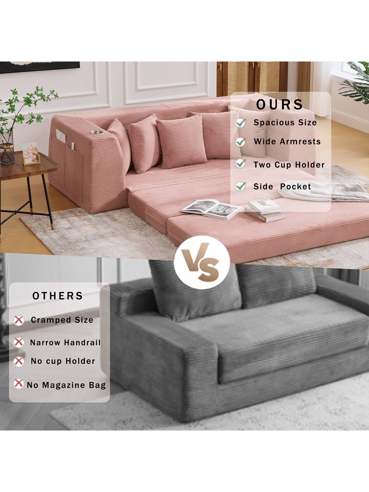 **OURS**

- Spacious Size
- Wide Armrests
- Two Cup Holder
- Side Pocket

**VS**

**OTHERS**

- Cramped Size
- Narrow Handrail
- No Cup Holder
- No Magazine Bag