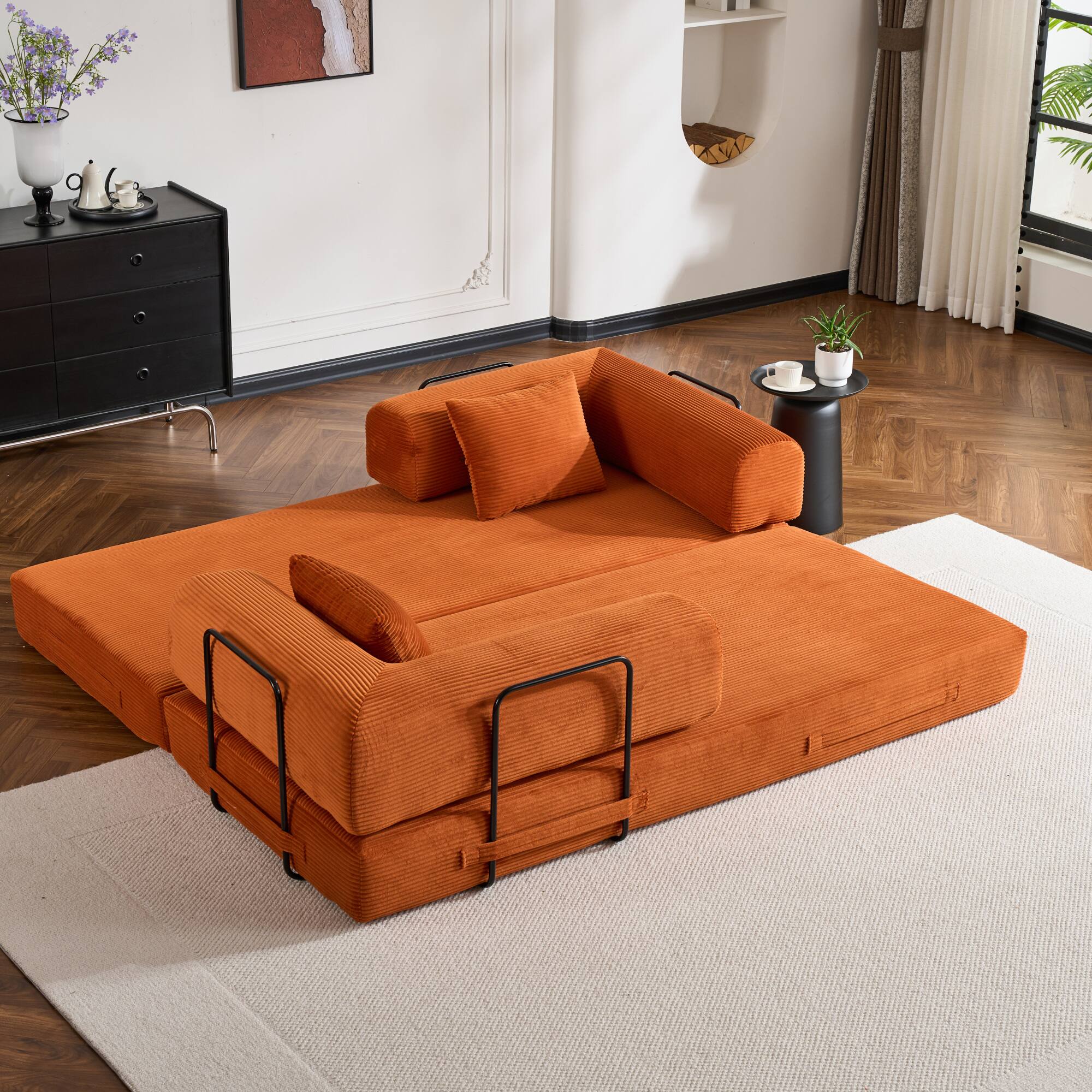 Alt View 2. GOODSILO - Convertible Sleeper Sofa in Cylindroy Fabric | Features a Cylindrical Pillow & Space-Saving Foldable Design - Orange.